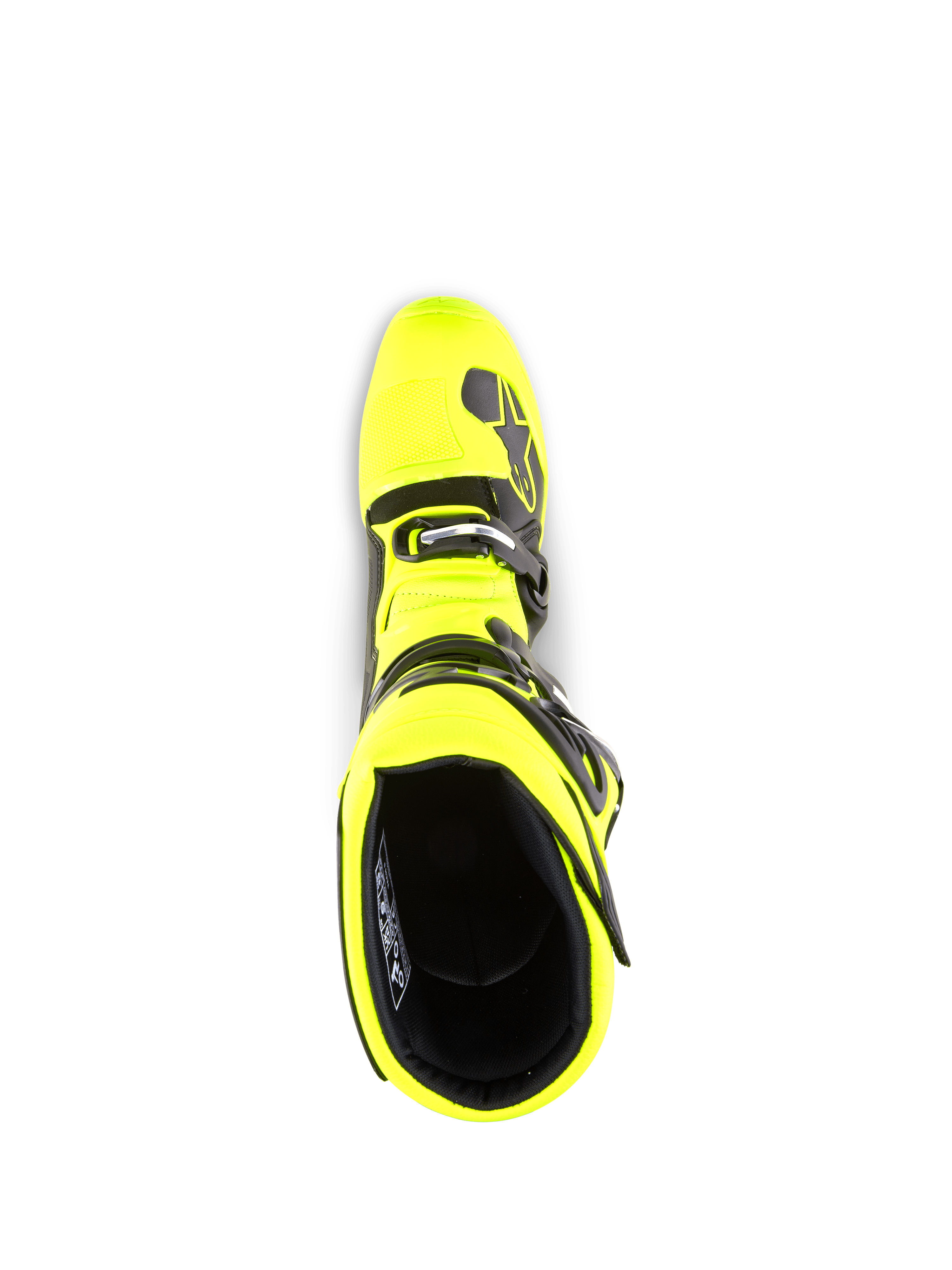 Alpinestars Tech 5 Boots, Motocross Boots, Yellow Fluo and Black, top-down view looking into the boot opening, featuring black interior lining, buckle system, and branded accents, designed for off-road performance