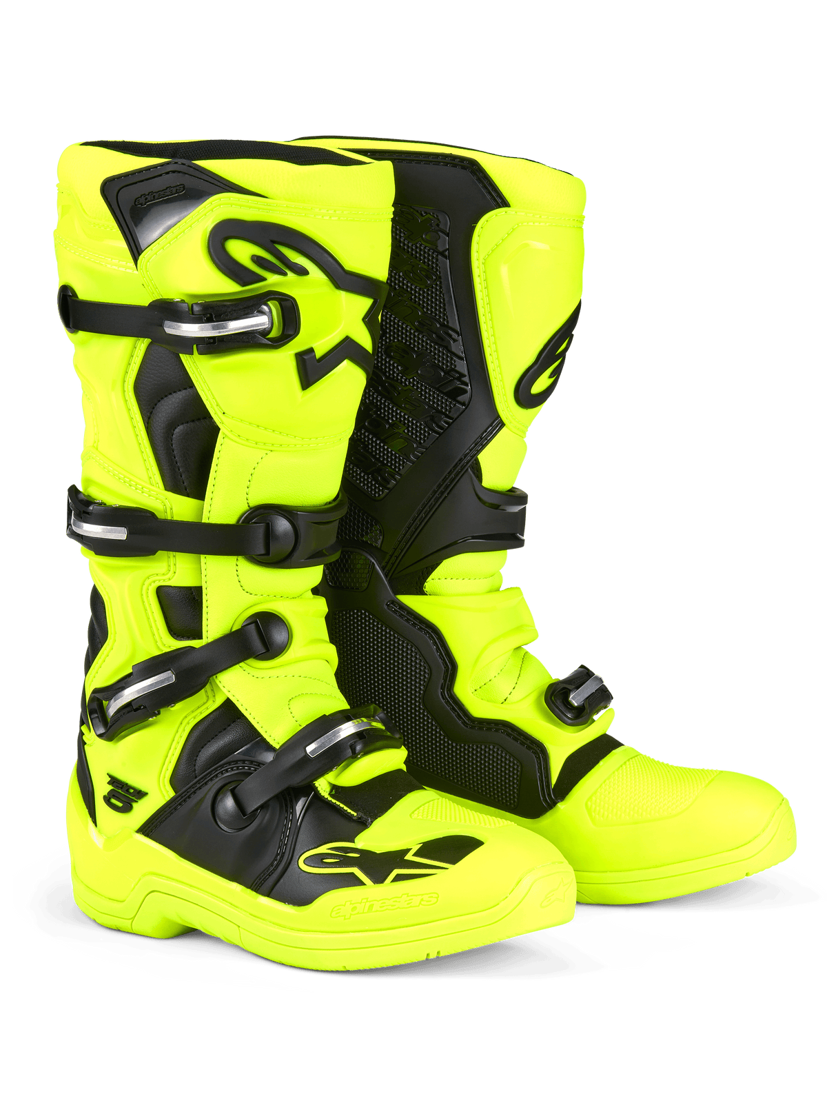 Alpinestars Tech 5-stövlar, motocrossstövlar, fluorescerande gul och svart, med ett spännsystem med flera spännen och silverfärgade detaljer, svarta skyddspaneler och tydliga Alpinestars-logotyper på smalbenet och tån, designade för terrängkörning