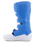 Alpinestars Tech 5 Boots, Motocross Boots, Blue and White, side profile showing medial panel with embossed branding, textured grip surfaces, and durable white sole for off-road protection.