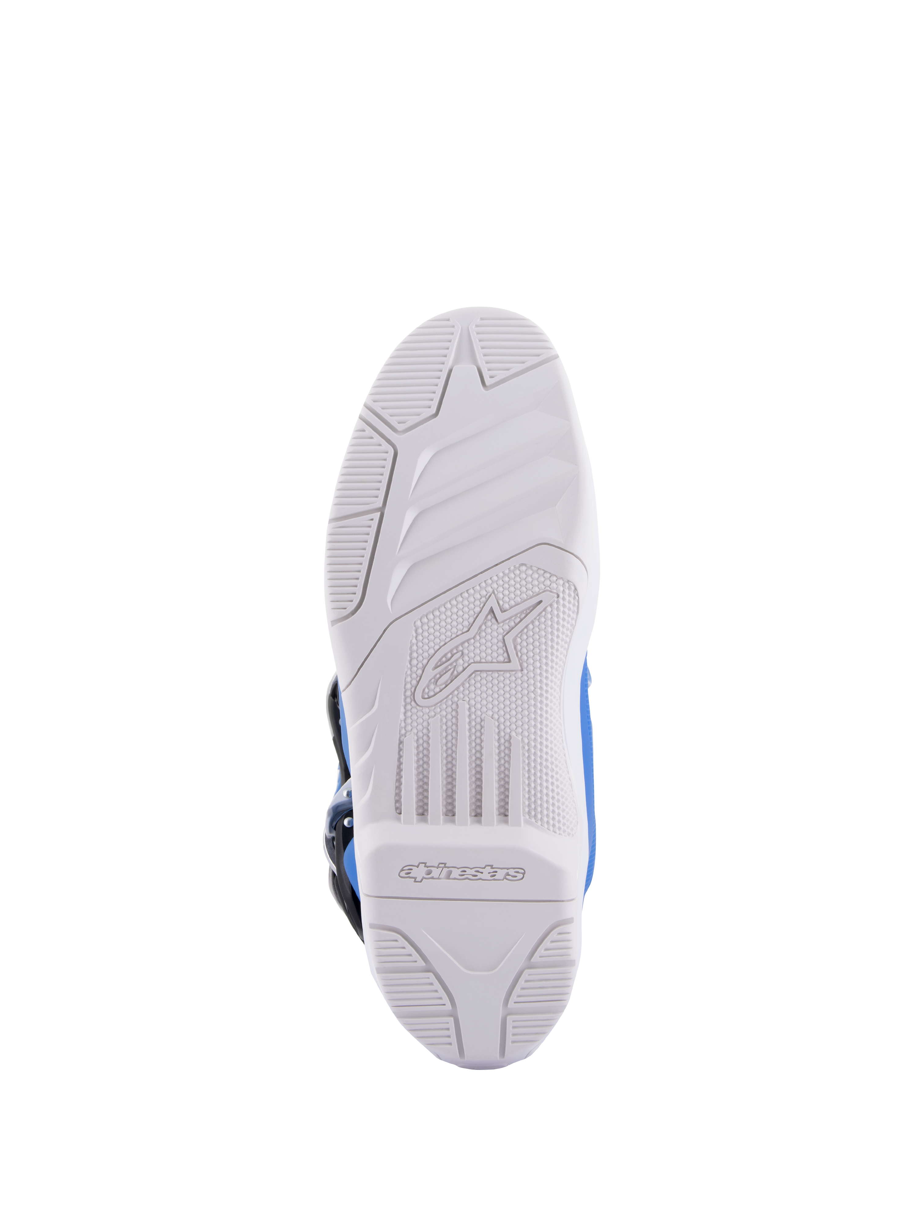 Alpinestars Tech 5 Boots, Motocross Boots, Blue and White, sole view featuring white rubber outsole with embossed Alpinestars logo and textured grip pattern, durable construction for off-road riding