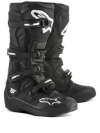 Alpinestars Tech 5 Motocross Boots, Black and White, CE certified with biomechanical pivot and aluminum buckle system.
