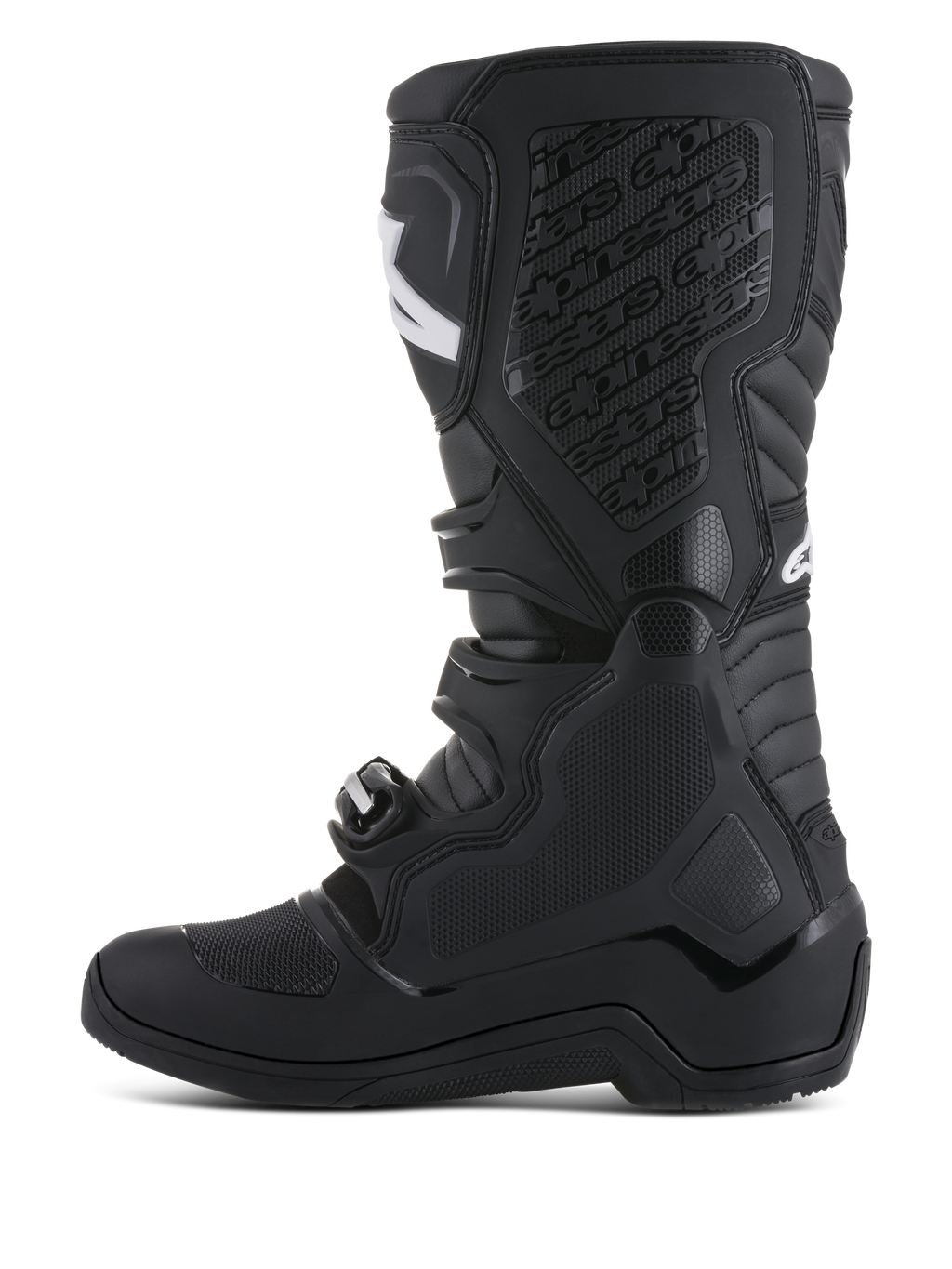 Alpinestars Tech 5 Boots, black motocross racing boots featuring a TPU shin plate and biomechanical pivot system.