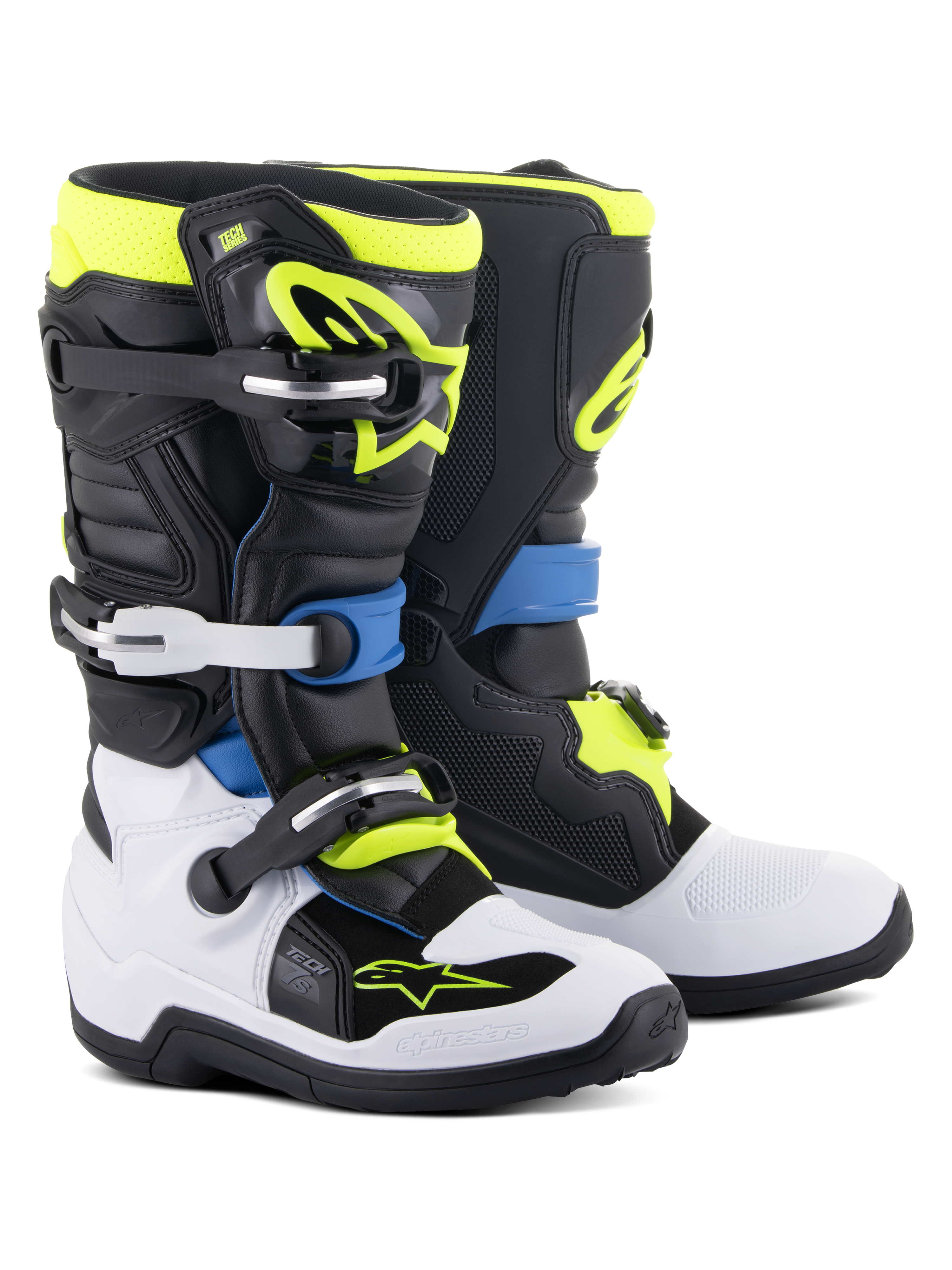 Alpinestars Youth Tech 7S Boots, Motocross Boots, Black Enamel Blue Yellow Fluo and White, featuring high-impact buckle closures, TPU shin plates, and flexible pivot system for junior off-road performance.