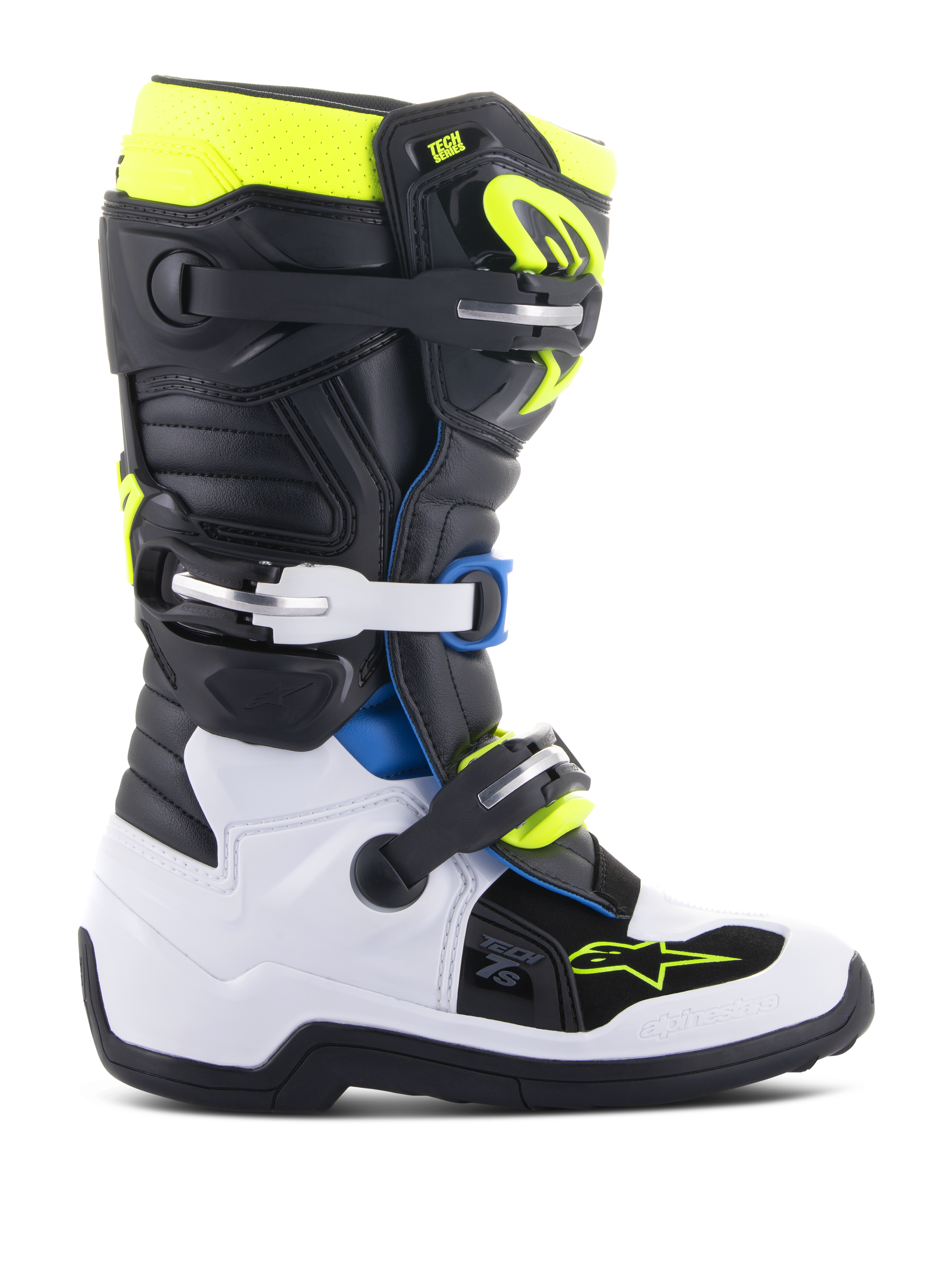 Alpinestars Youth Tech 7S Boots, Motocross Boots, Black Enamel Blue and Fluorescent Yellow, featuring a white lower foot shell, black upper with vibrant accents, buckle closure system, and durable off-road construction for junior riders