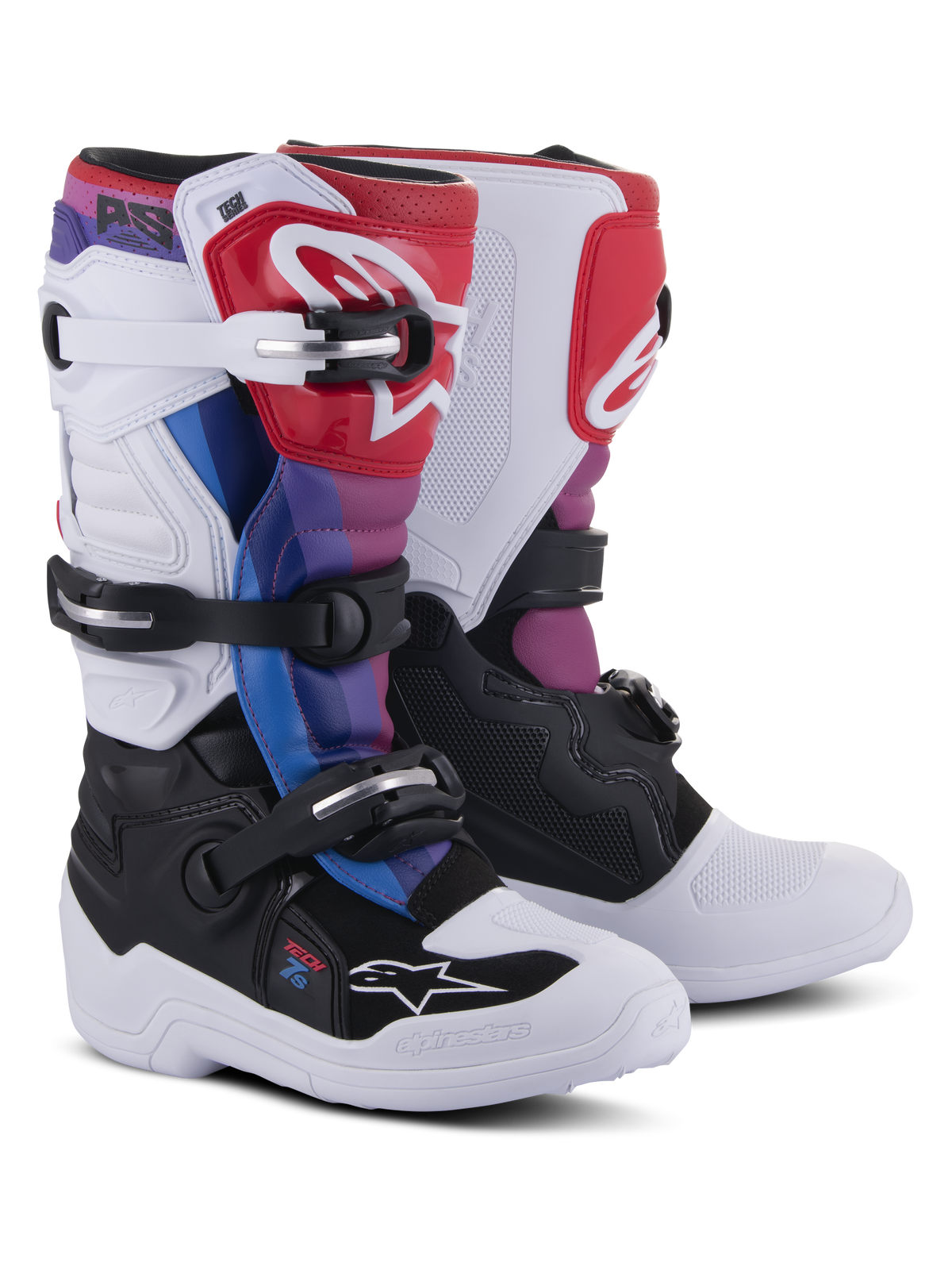 Alpinestars Youth Tech 7S-stövlar, motocrossstövlar, White Black Rainbow, med en vit och svart bas samt detaljer i rött, blått och lila, stängningssystem med flera spännen och skyddande skenbensplatta för terrängkörning
