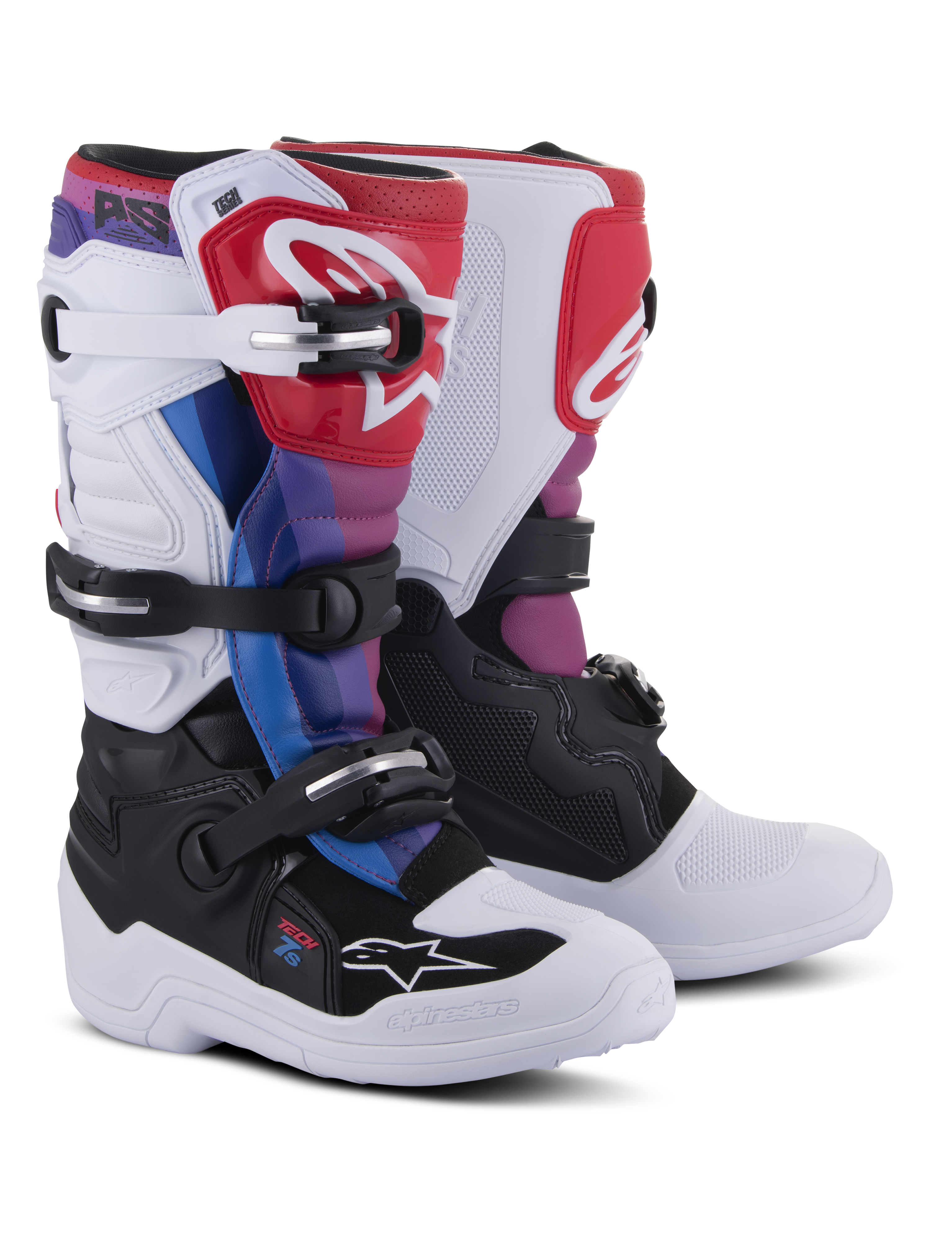 Alpinestars Youth Tech 7S Boots, Motocross Boots, White Black Rainbow, featuring a white and black base with red, blue, and purple accents, multi-buckle closure system, and protective shin plate for off-road racing
