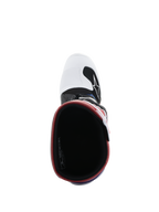 Alpinestars Youth Tech 7S Boots, Motocross Boots, White Black Rainbow, top-down view looking into the boot, black interior with red rim, white toe box with black Alpinestars logo