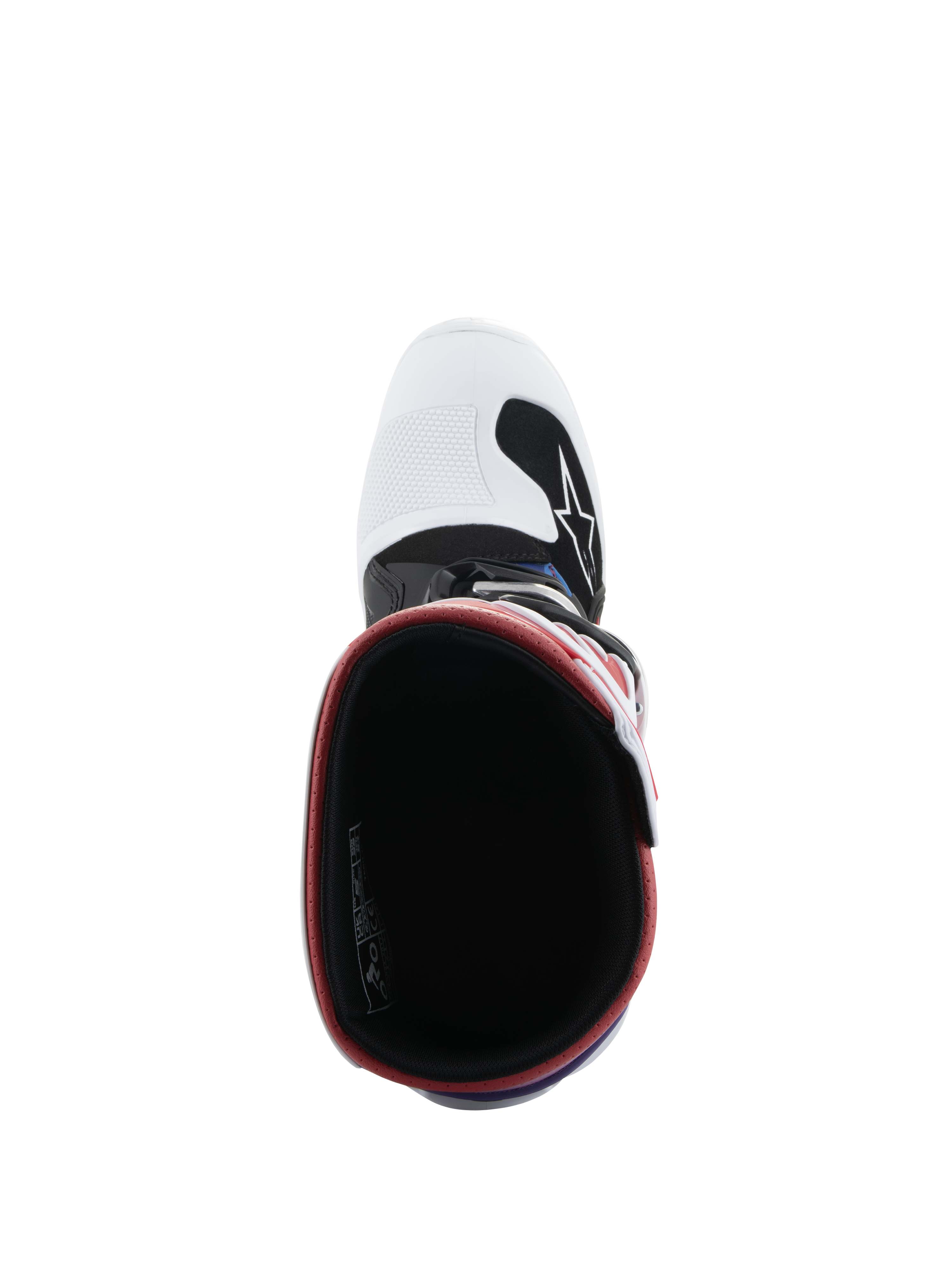 Alpinestars Youth Tech 7S Boots, Motocross Boots, White Black Rainbow, top-down view looking into the boot, black interior with red rim, white toe box with black Alpinestars logo