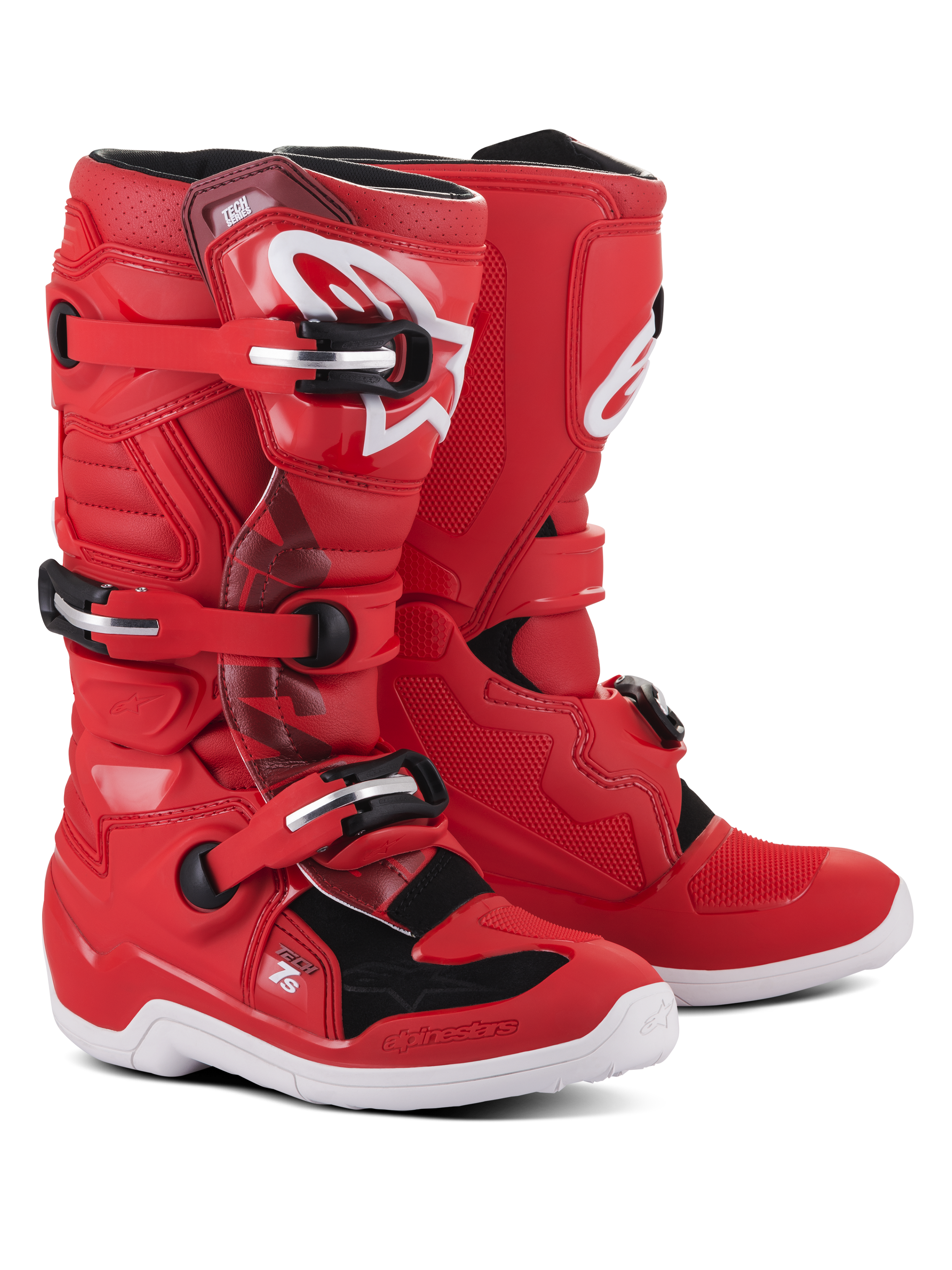 Alpinestars Youth Tech 7S Boots, röda motocross-stövlar med vita och svarta detaljer, med ett stängningssystem med tre spännen, vit Alpinestars-logotyp på smalbenet och en hållbar vit sula