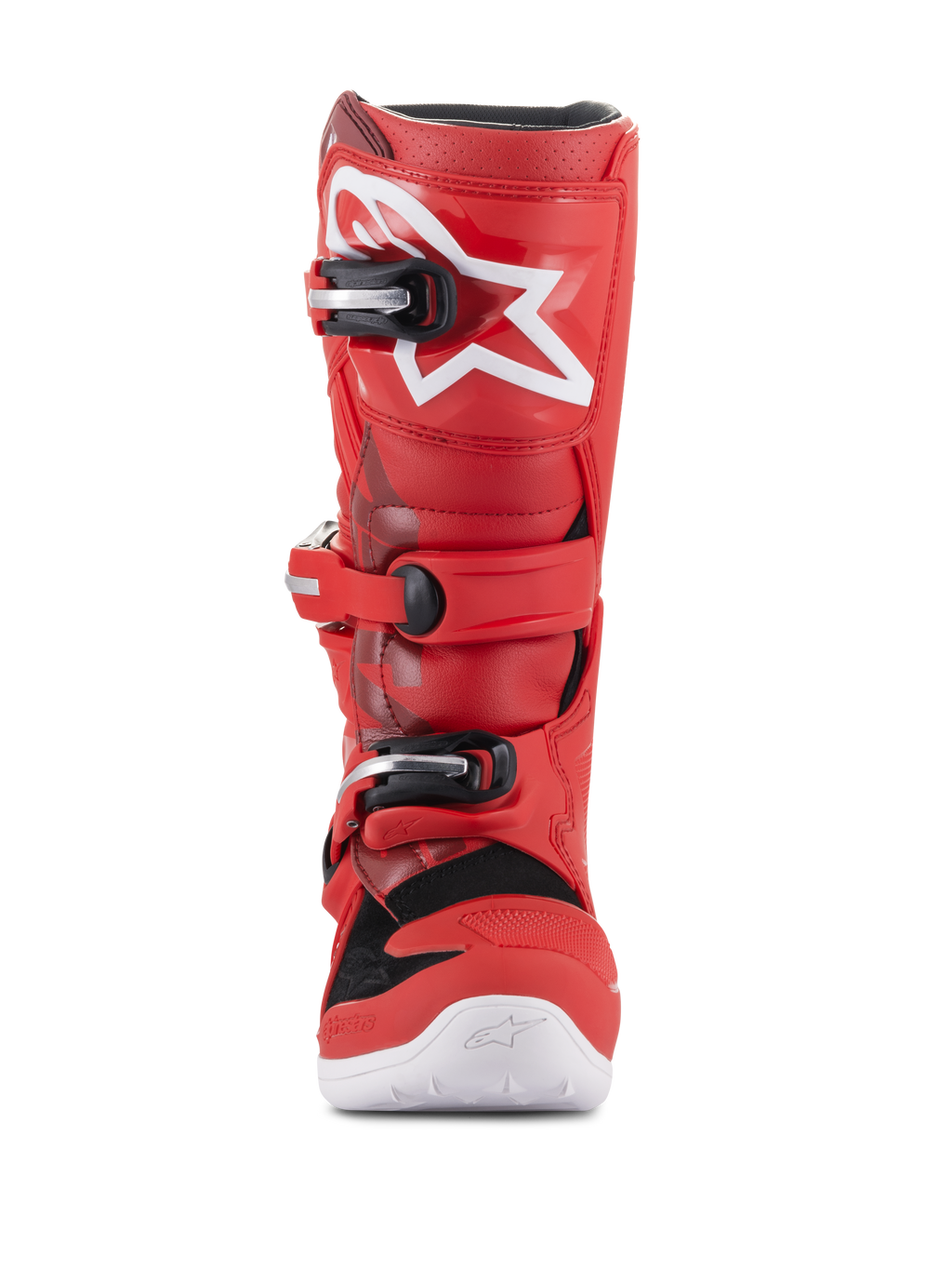 Alpinestars Youth Tech 7S stövlar, motocross-stövlar för ungdomar, röda, med vit stjärnlogotyp på smalbenet, svart och silverfärgat spännsystem, vit sula, slitstark konstruktion för terrängkörning, vy framifrån