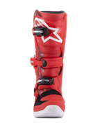 Alpinestars Youth Tech 7S stövlar, motocross-stövlar för ungdomar, röda, med vit stjärnlogotyp på smalbenet, svart och silverfärgat spännsystem, vit sula, slitstark konstruktion för terrängkörning, vy framifrån