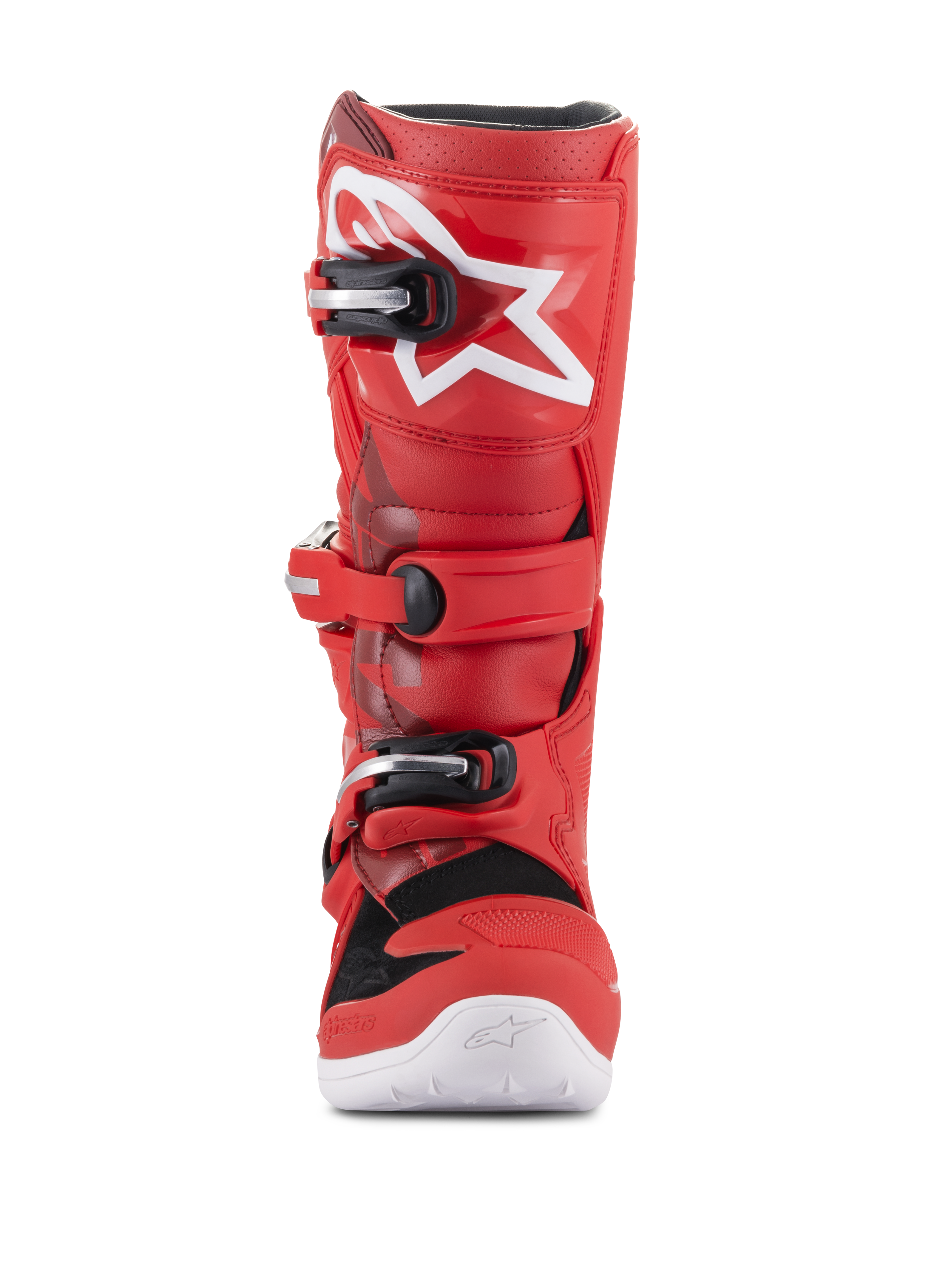 Alpinestars Youth Tech 7S stövlar, motocross-stövlar för ungdomar, röda, med vit stjärnlogotyp på smalbenet, svart och silverfärgat spännsystem, vit sula, slitstark konstruktion för terrängkörning, vy framifrån