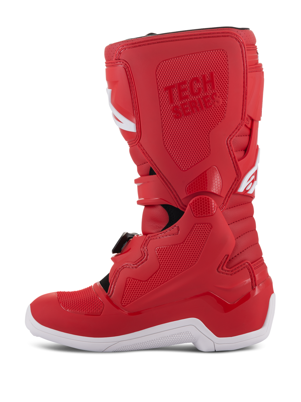 Alpinestars Youth Tech 7S-stövlar, motocross-stövlar för ungdomar, röda med vit sula, TPU-förstärkta paneler, flera spännen och 'TECH SERIES'-logotyp, designade för juniorförare inom terrängkörning