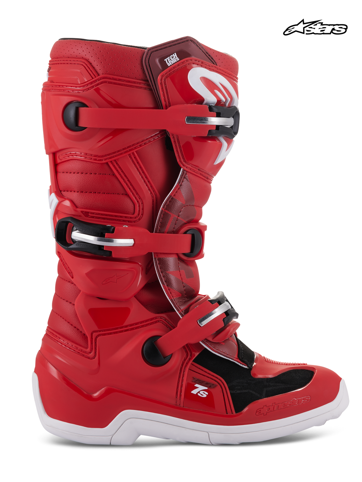 Alpinestars Ungdom Tech 7S stövlar, ungdomsmotocross- och terrängstövlar, röda och vita, CE-certifierade med spännsystem och pivotsystem, sidoprofil