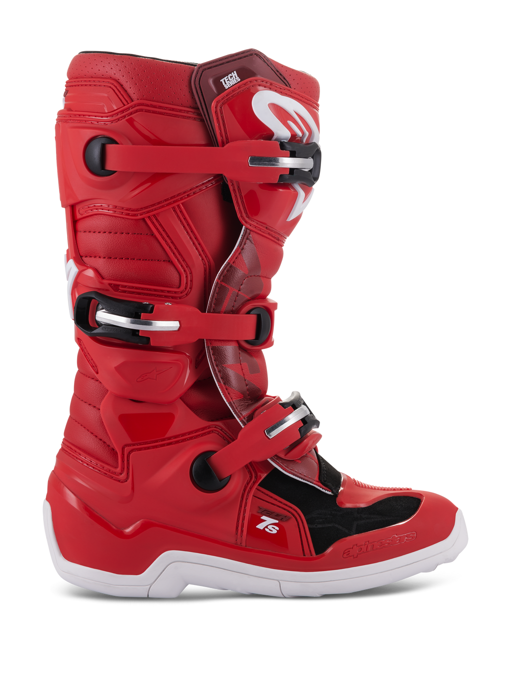 Alpinestars Youth Tech 7S-stövlar, motocross- och terrängstövlar, röda med svarta och vita detaljer, spännsystem med flera spännen, texturerade skyddspaneler, vit sula, förstärkt konstruktion för unga förare