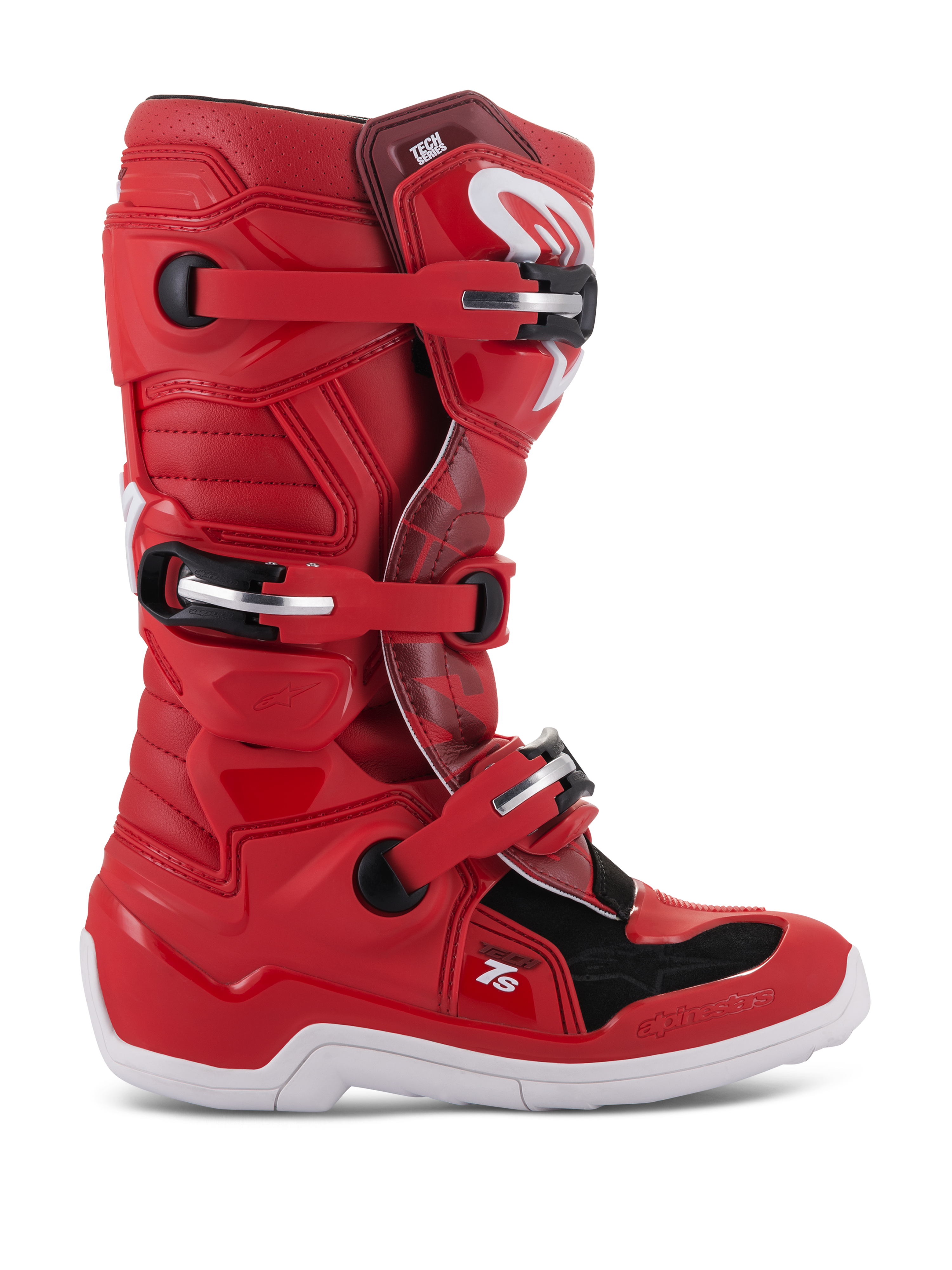 Alpinestars Youth Tech 7S-stövlar, motocross- och terrängstövlar, röda med svarta och vita detaljer, spännsystem med flera spännen, texturerade skyddspaneler, vit sula, förstärkt konstruktion för unga förare