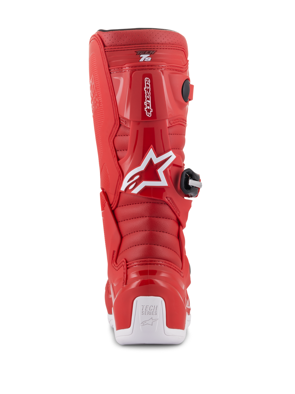Alpinestars Youth Tech 7S-stövlar, röda motocross-stövlar, vy bakifrån med vit Alpinestars-logotyp och hälskydd, räfflade flexzoner, skyddande TPU-konstruktion för terrängkörning för ungdomar