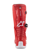 Alpinestars Youth Tech 7S-stövlar, röda motocross-stövlar, vy bakifrån med vit Alpinestars-logotyp och hälskydd, räfflade flexzoner, skyddande TPU-konstruktion för terrängkörning för ungdomar
