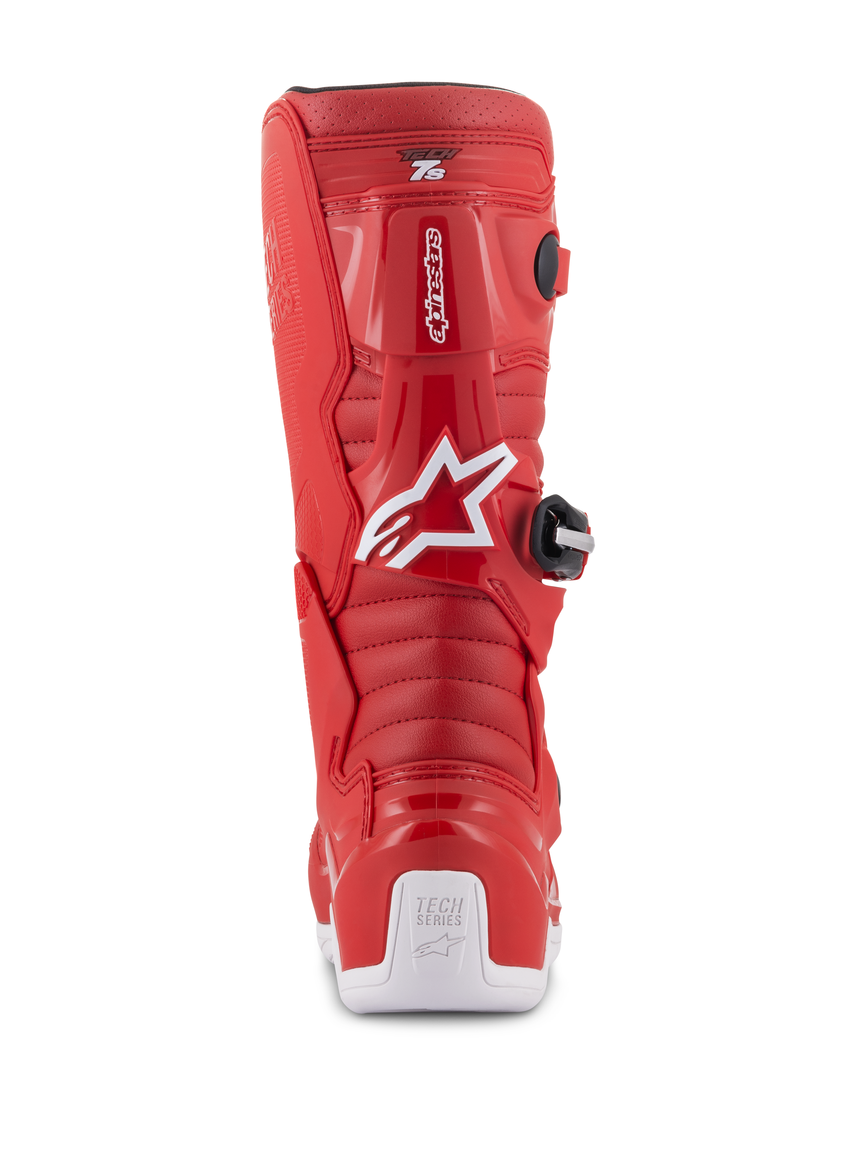 Alpinestars Youth Tech 7S-stövlar, röda motocross-stövlar, vy bakifrån med vit Alpinestars-logotyp och hälskydd, räfflade flexzoner, skyddande TPU-konstruktion för terrängkörning för ungdomar