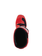 Alpinestars Youth Tech 7S-stövlar, motocross-stövlar, röda, vy uppifrån som visar det inre fodret och öppningen, rött yttre skal med svarta och vita detaljer, designade för juniorer som kör terräng
