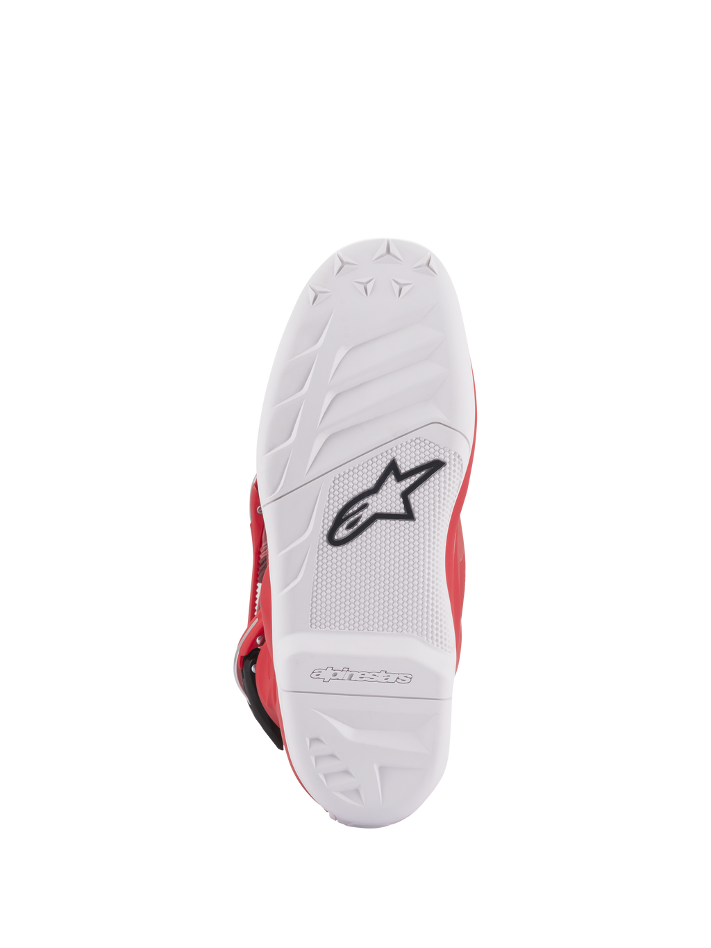 Alpinestars Youth Tech 7S-stövlar, vy av sula, vit sammansatt sula med svart stjärnlogotyp, högpresterande gummigreppmönster för överlägsen hållbarhet och känsla, präglad Alpinestars-logotyp på hälen