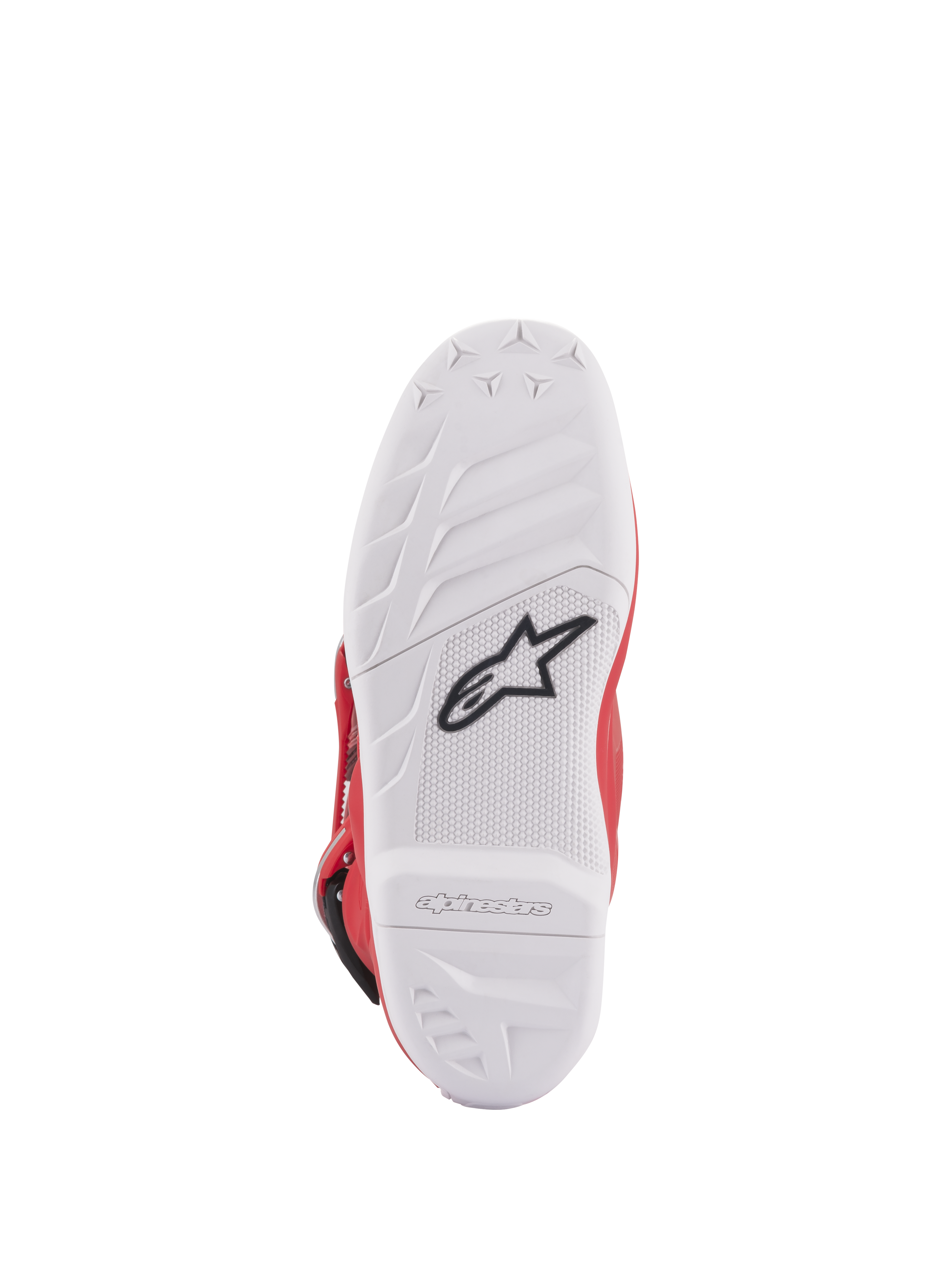 Alpinestars Youth Tech 7S-stövlar, vy av sula, vit sammansatt sula med svart stjärnlogotyp, högpresterande gummigreppmönster för överlägsen hållbarhet och känsla, präglad Alpinestars-logotyp på hälen