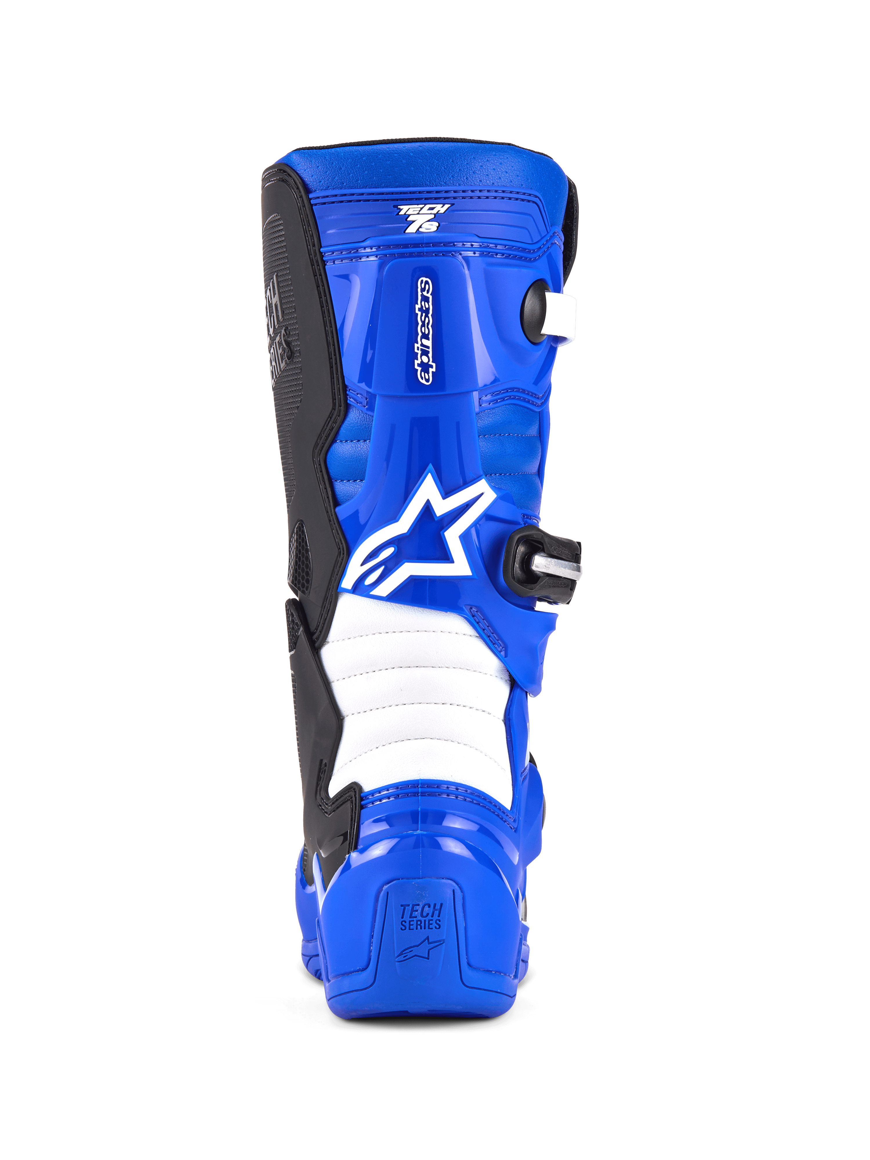 Alpinestars Youth Tech 7 S Boots, Motocross Boots, Blue Black and White, rear view featuring white Alpinestars logo, blue TPU shell with white accordion flex zones, protective footwear for youth off-road riding.