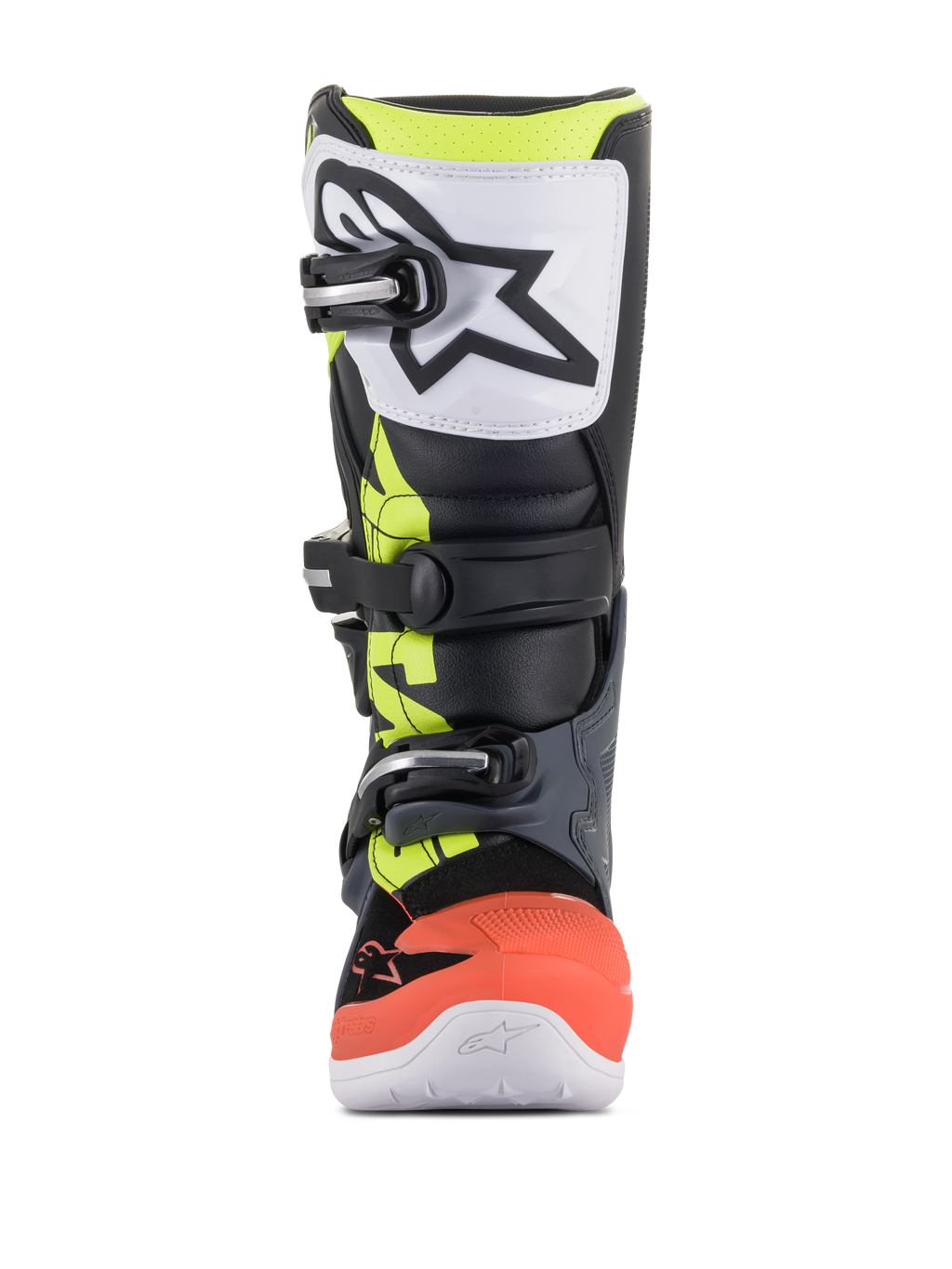 Alpinestars Youth Tech 7S stövlar, motocross-stövlar, mörkgrå, fluorescerande röd och gul med vita detaljer, framifrån med en vit TPU-skenbensplatta med svart logotyp, spännsystem med tre spännen och hållbar syntetisk konstruktion för unga terrängkörare