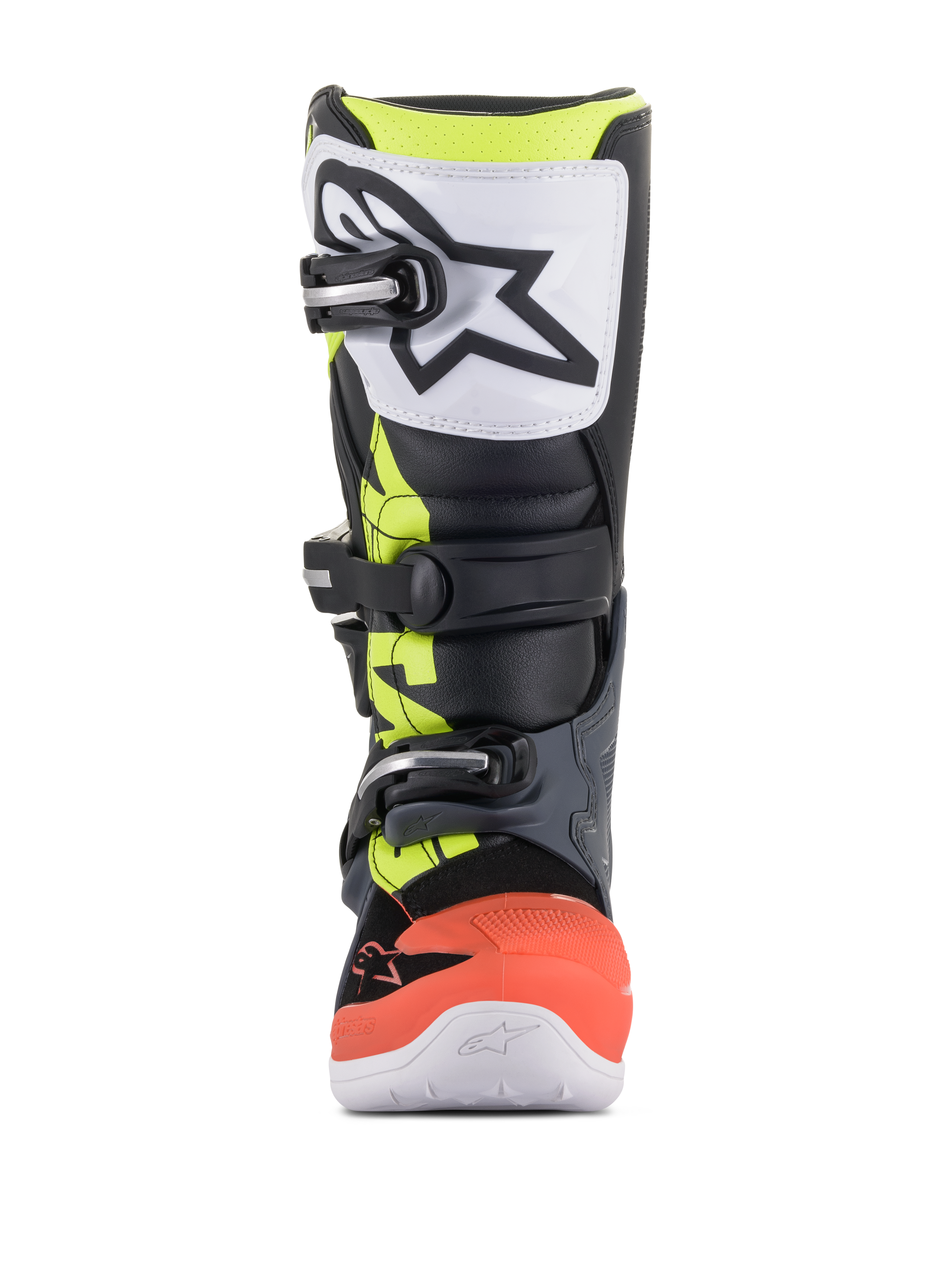 Alpinestars Youth Tech 7S stövlar, motocross-stövlar, mörkgrå, fluorescerande röd och gul med vita detaljer, framifrån med en vit TPU-skenbensplatta med svart logotyp, spännsystem med tre spännen och hållbar syntetisk konstruktion för unga terrängkörare