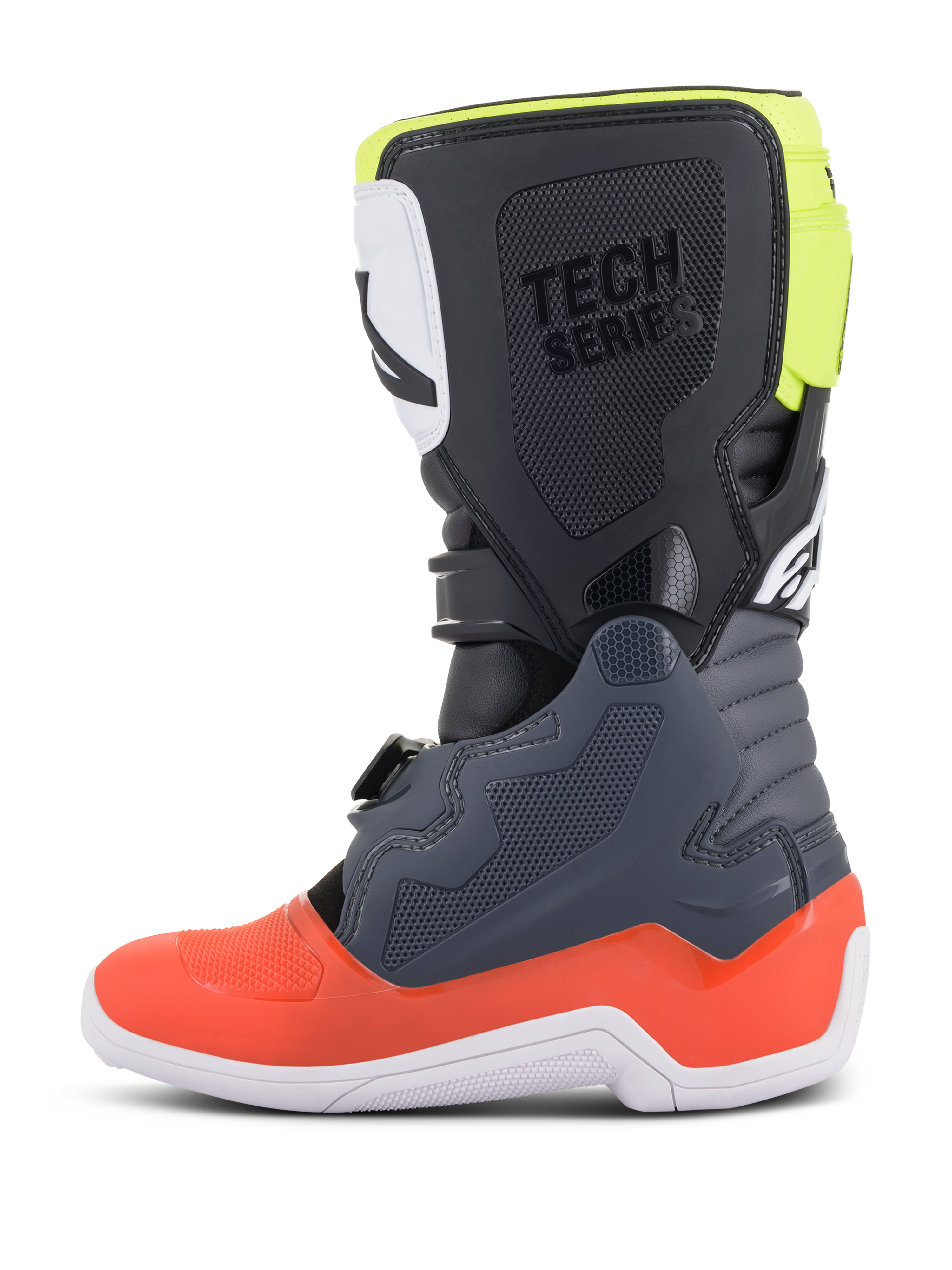 Alpinestars Youth Tech 7S-stövlar, motocross-stövlar, mörkgrå med röda och fluorescerande gula detaljer, sidoprofil, vit sula, 'TECH SERIES'-logotyp och hållbara TPU-skyddspaneler.