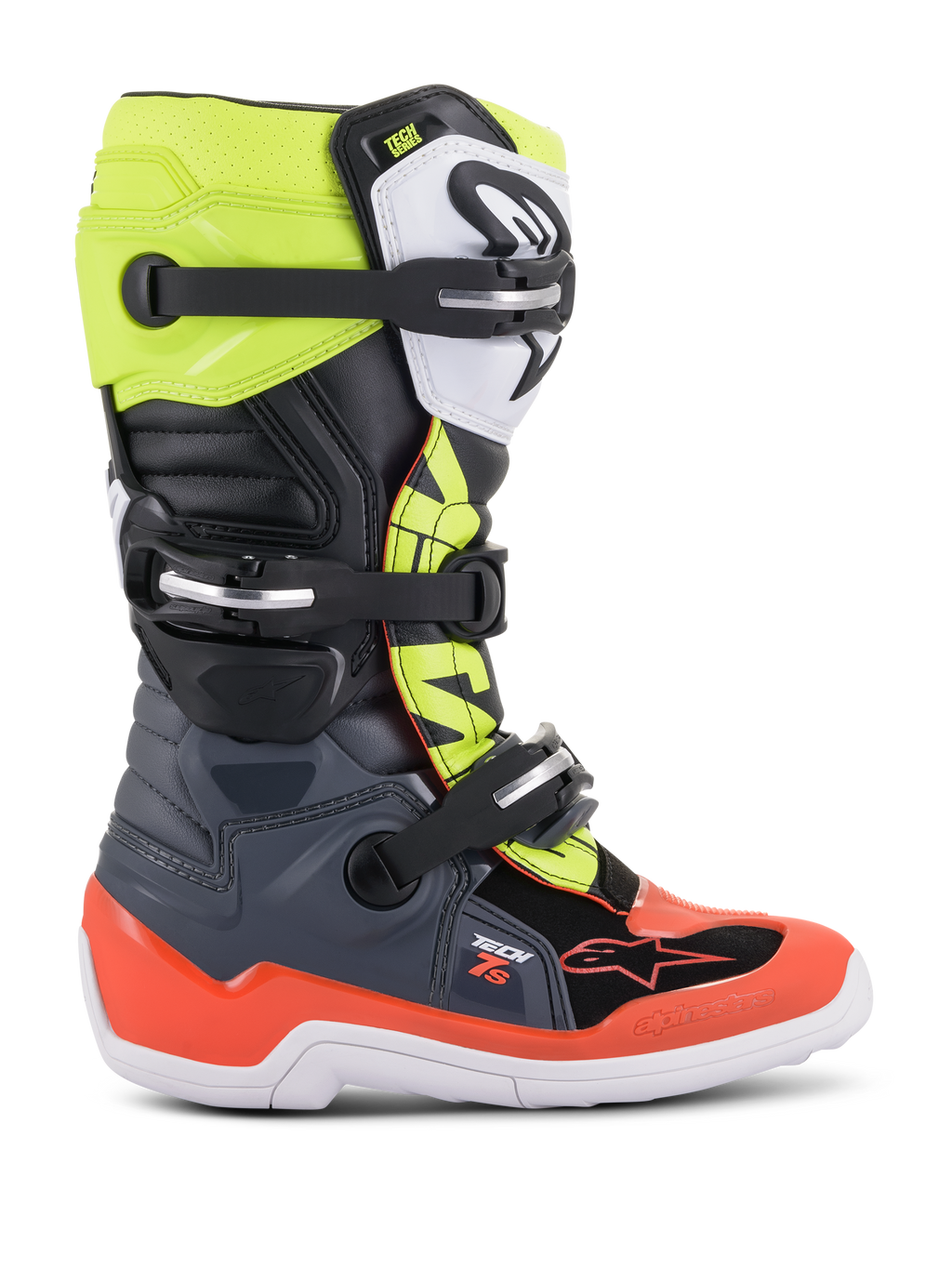 Alpinestars Youth Tech 7S stövlar, motocross- och offroadstövlar, mörkgrå, fluorescerande röd och fluorescerande gul, med vit sula och flera spännen, robust konstruktion för juniorförare