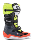 Alpinestars Youth Tech 7S stövlar, motocross- och offroadstövlar, mörkgrå, fluorescerande röd och fluorescerande gul, med vit sula och flera spännen, robust konstruktion för juniorförare