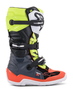 Alpinestars Youth Tech 7S stövlar, motocross- och offroadstövlar, mörkgrå, fluorescerande röd och fluorescerande gul, med vit sula och flera spännen, robust konstruktion för juniorförare