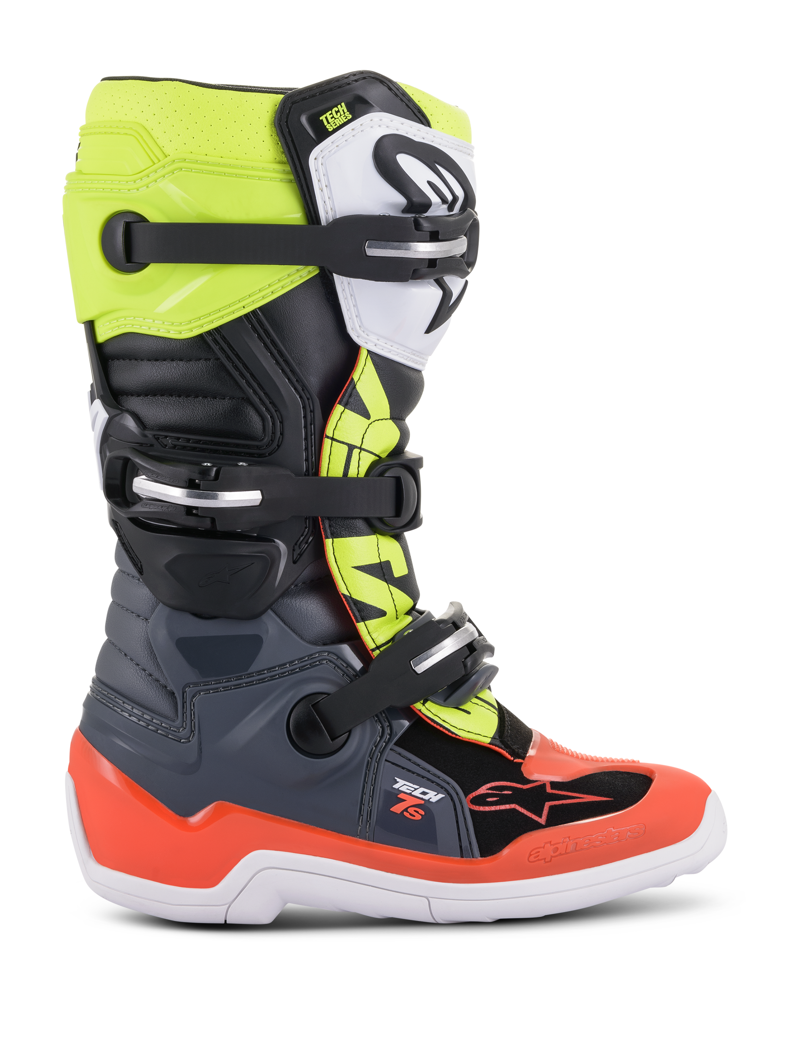 Alpinestars Youth Tech 7S stövlar, motocross- och offroadstövlar, mörkgrå, fluorescerande röd och fluorescerande gul, med vit sula och flera spännen, robust konstruktion för juniorförare