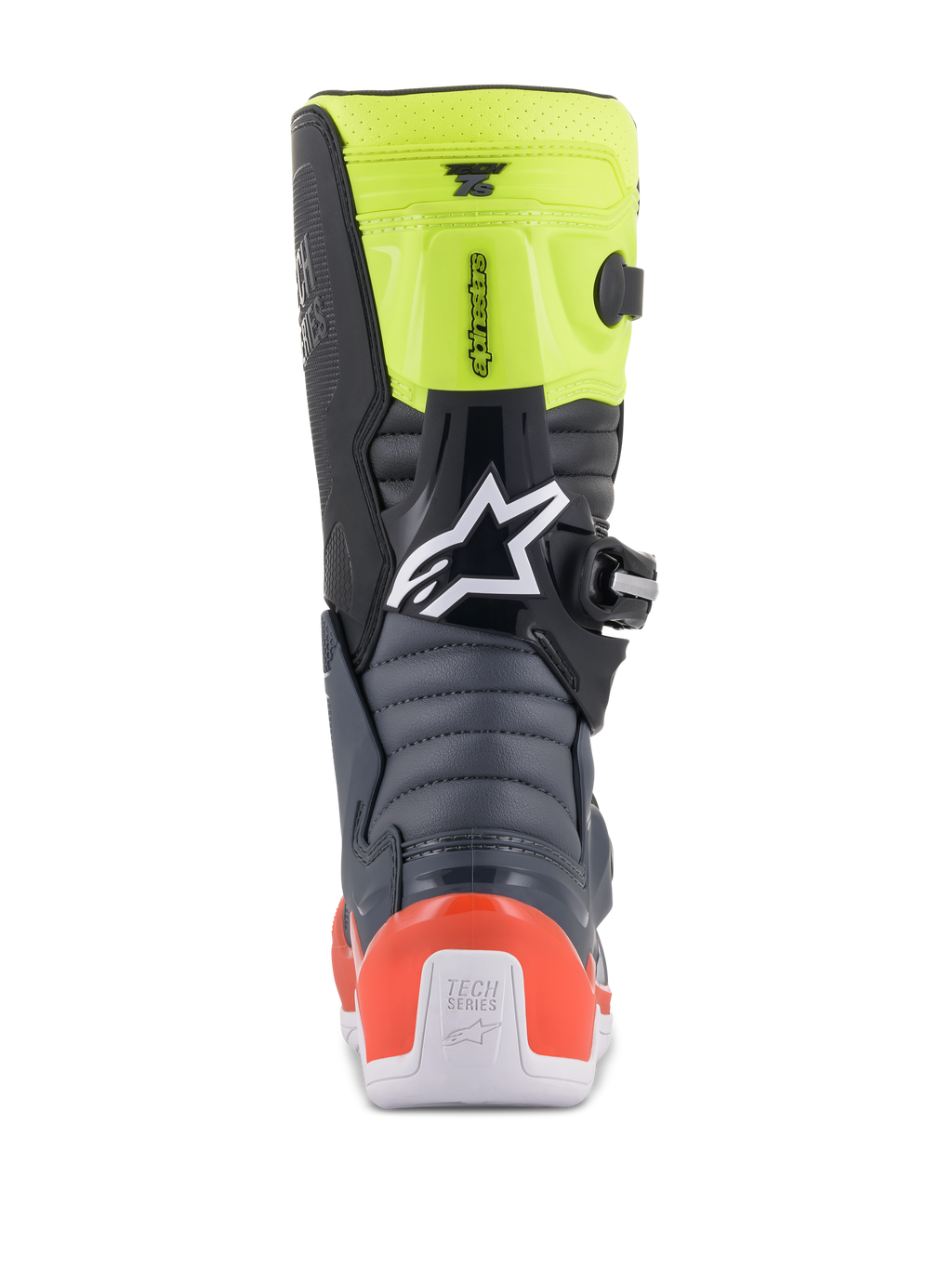 Alpinestars Youth Tech 7S-stövlar, motocross-stövlar för ungdomar, mörkgrå, fluorescerande röd och fluorescerande gul, vy bakifrån som visar dragspelsformade flexzoner, rött hälskydd och vit Alpinestars-logotyp