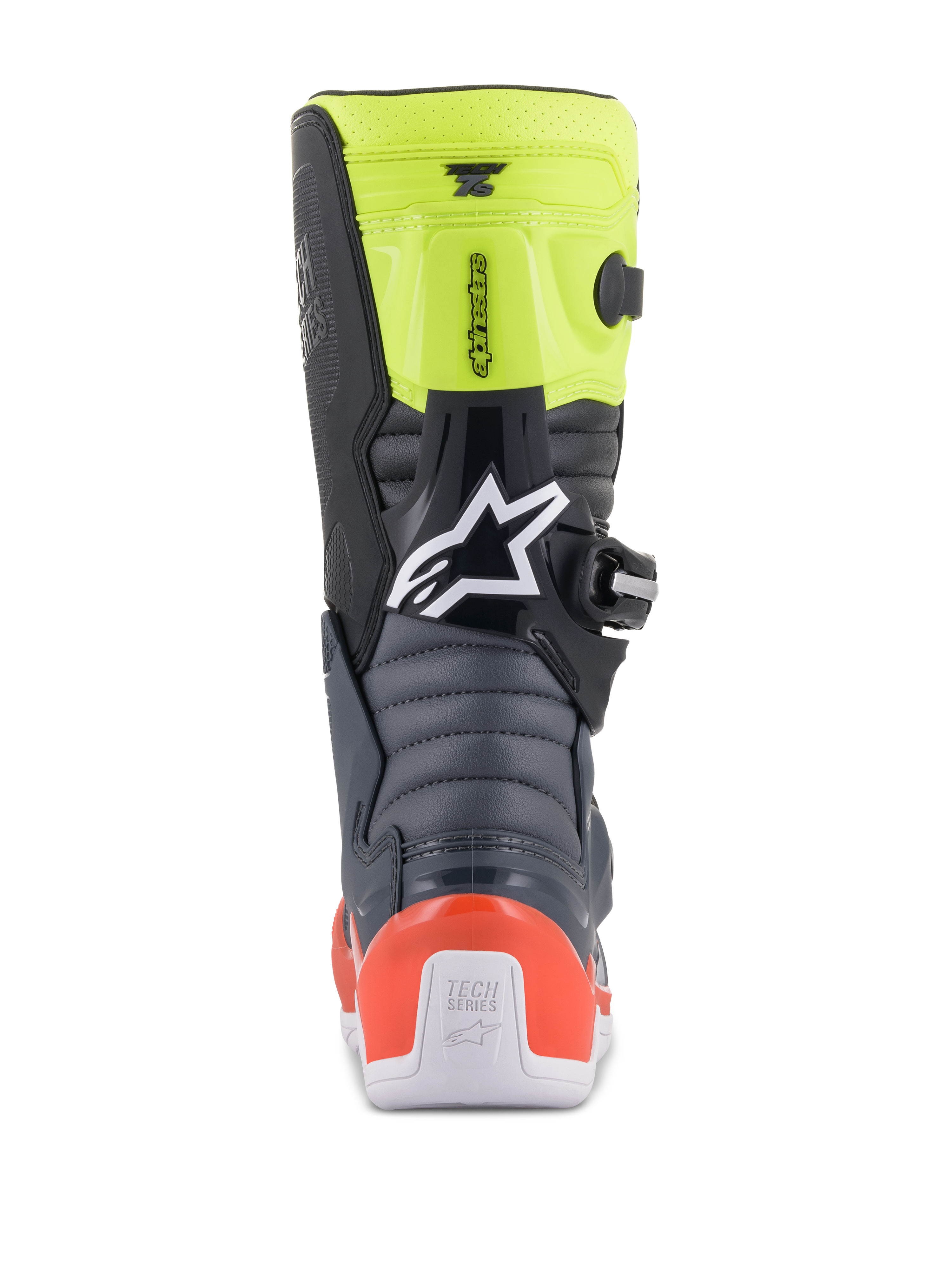 Alpinestars Youth Tech 7S-stövlar, motocross-stövlar för ungdomar, mörkgrå, fluorescerande röd och fluorescerande gul, vy bakifrån som visar dragspelsformade flexzoner, rött hälskydd och vit Alpinestars-logotyp