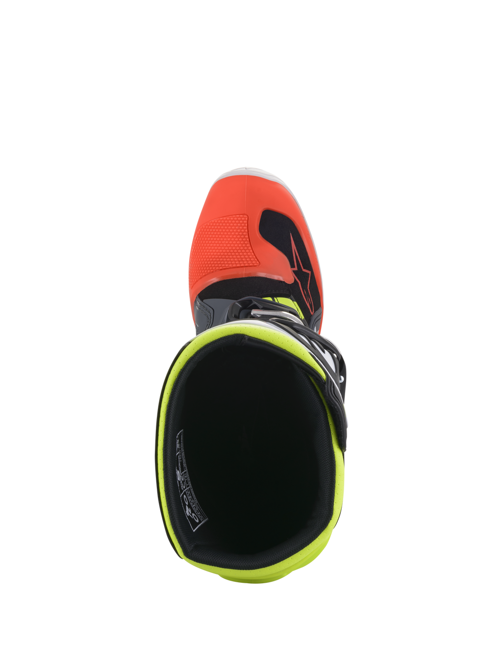 Alpinestars Youth Tech 7S-stövlar, motocross-stövlar, mörkgrå med röda och fluorescerande gula detaljer, vy uppifrån som visar den inre öppningen med fluorescerande gult foder och röd tåhätta, designade för terrängkörning för ungdomar
