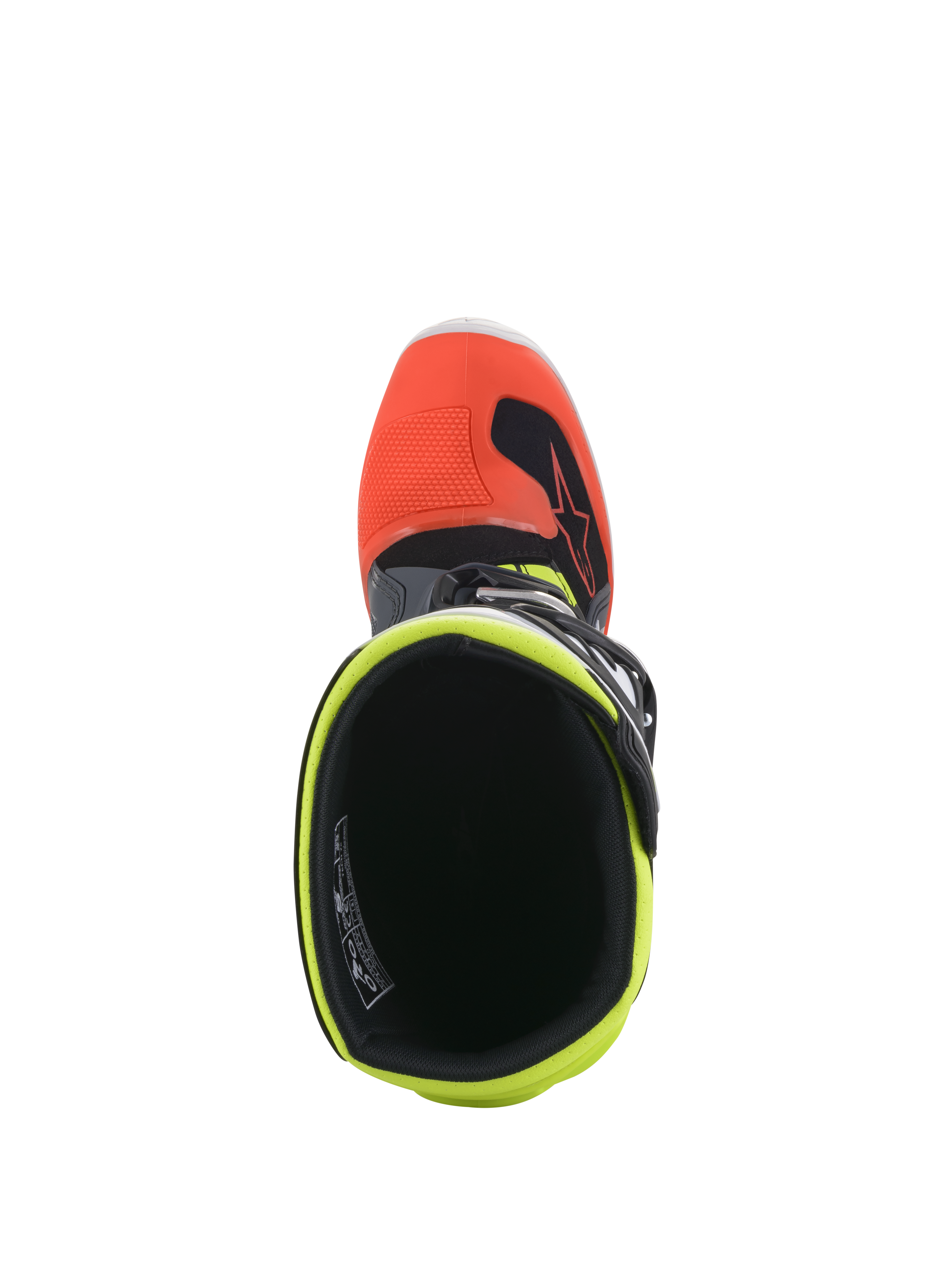 Alpinestars Youth Tech 7S-stövlar, motocross-stövlar, mörkgrå med röda och fluorescerande gula detaljer, vy uppifrån som visar den inre öppningen med fluorescerande gult foder och röd tåhätta, designade för terrängkörning för ungdomar