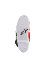 Alpinestars Youth Tech 7S stövlar, motocross-stövlar, mörkgrå, fluorescerande röd och fluorescerande gul, sula sedd underifrån som visar en vit gummisula med högt grepp och svart Astars-logotyp, hållbar konstruktion för terrängkörning