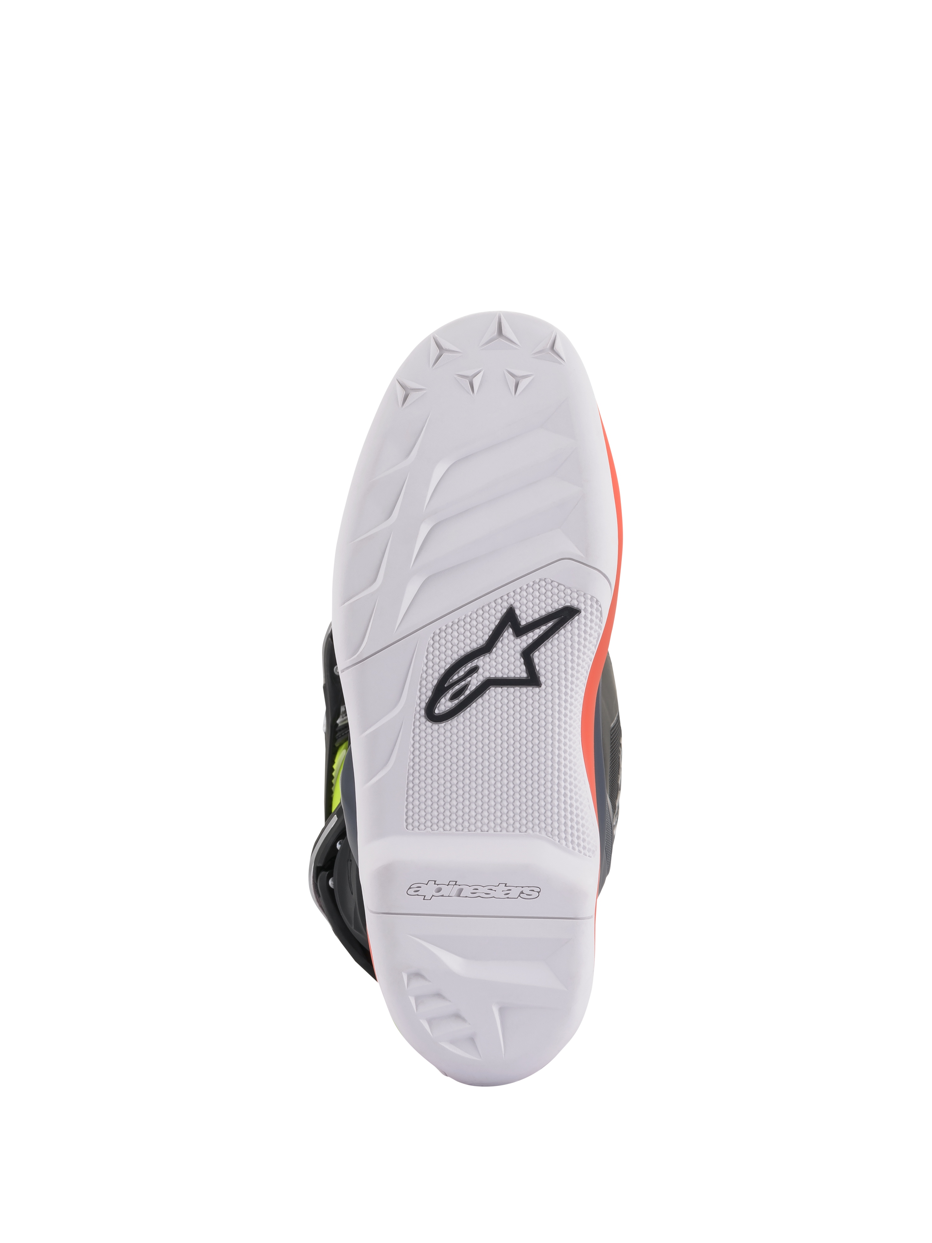 Alpinestars Youth Tech 7S stövlar, motocross-stövlar, mörkgrå, fluorescerande röd och fluorescerande gul, sula sedd underifrån som visar en vit gummisula med högt grepp och svart Astars-logotyp, hållbar konstruktion för terrängkörning