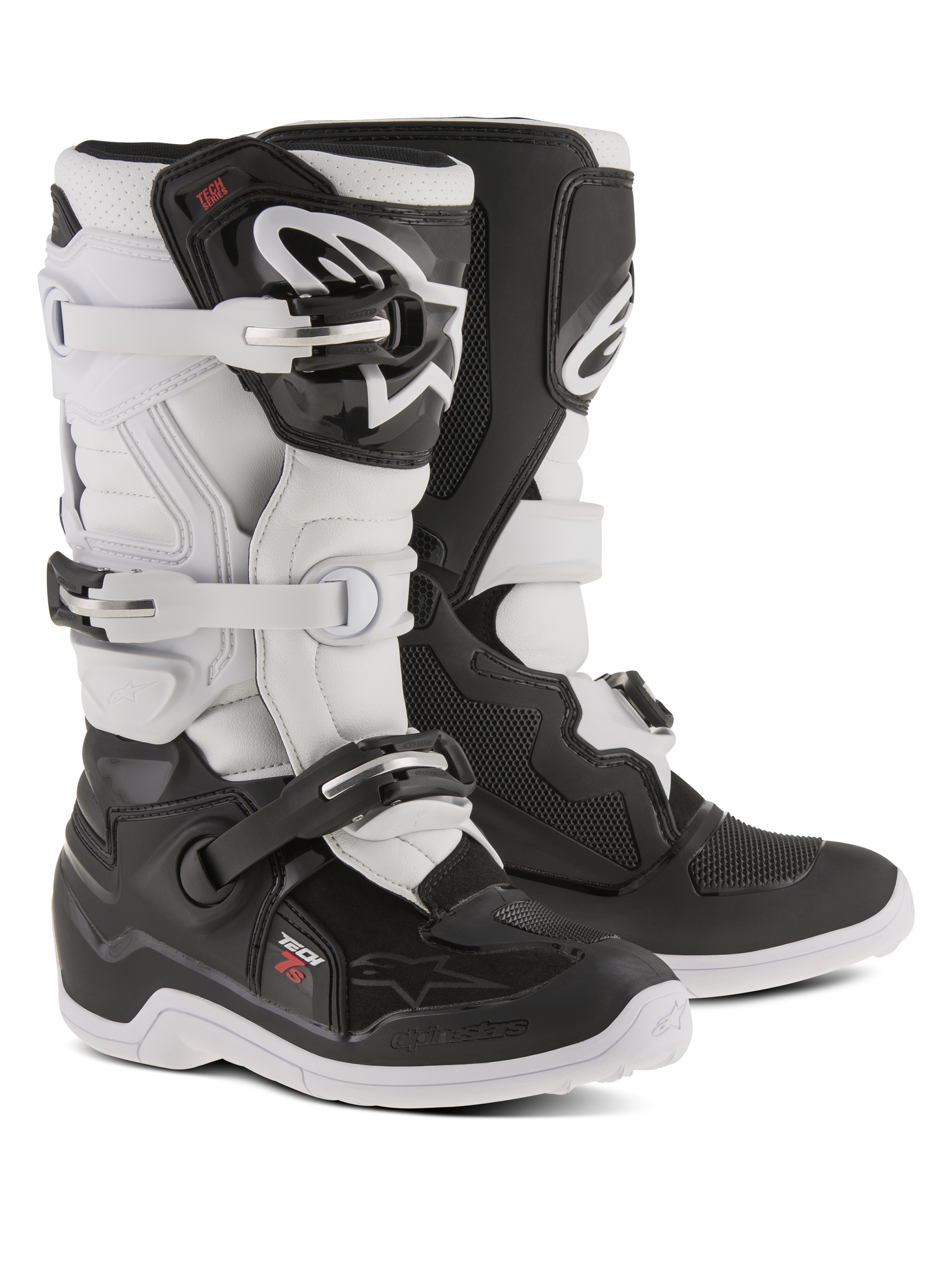 Alpinestars Youth Tech 7S stövlar, motocross-stövlar, svarta och vita, med justerbart spännsystem, TPU-skenbensskydd och pivotsystem, slitstark konstruktion med kraftigt mönstrade sulor för terrängkörning