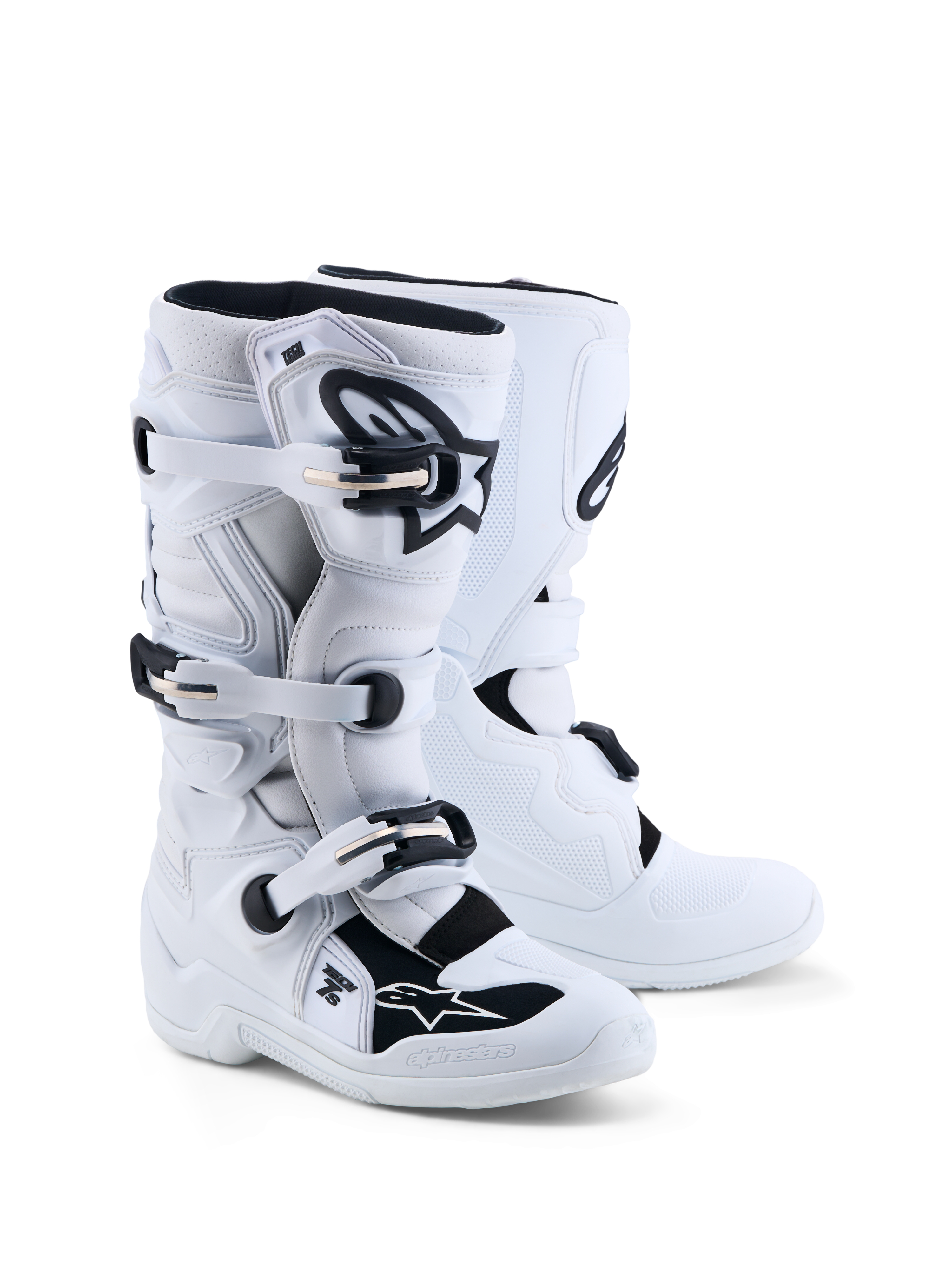 Alpinestars Ungdom Tech 7S stövlar, motocrossstövlar för ungdomar, vita och svarta, CE-certifierade med TPU-skydd och robusta spännen för terrängkörning.