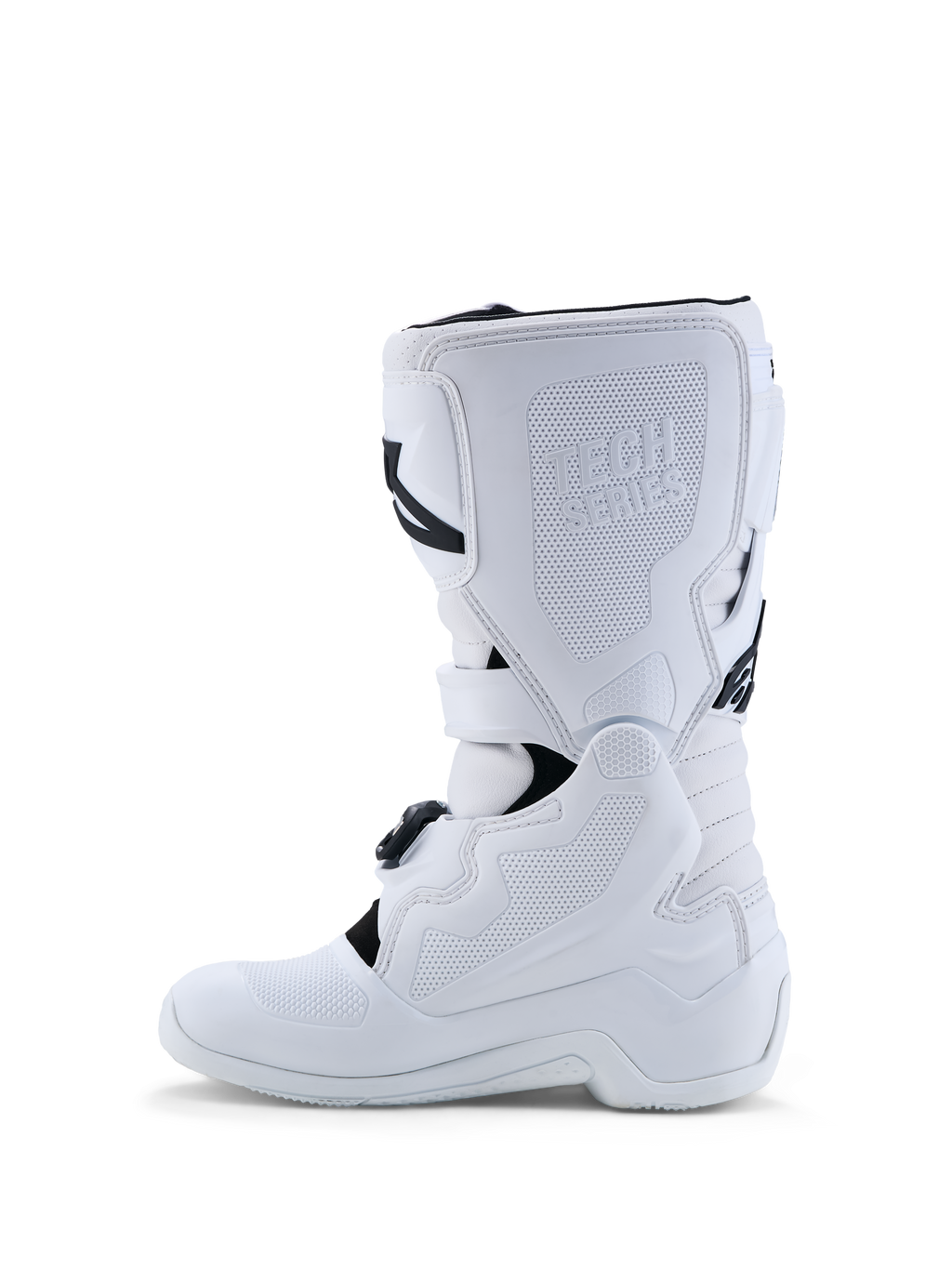 Alpinestars Ungdom Tech 7S stövlar, vita motocross-stövlar för terrängkörning, syntetiskt material med TPU-skenbensskydd och spännsystem, profilvy
