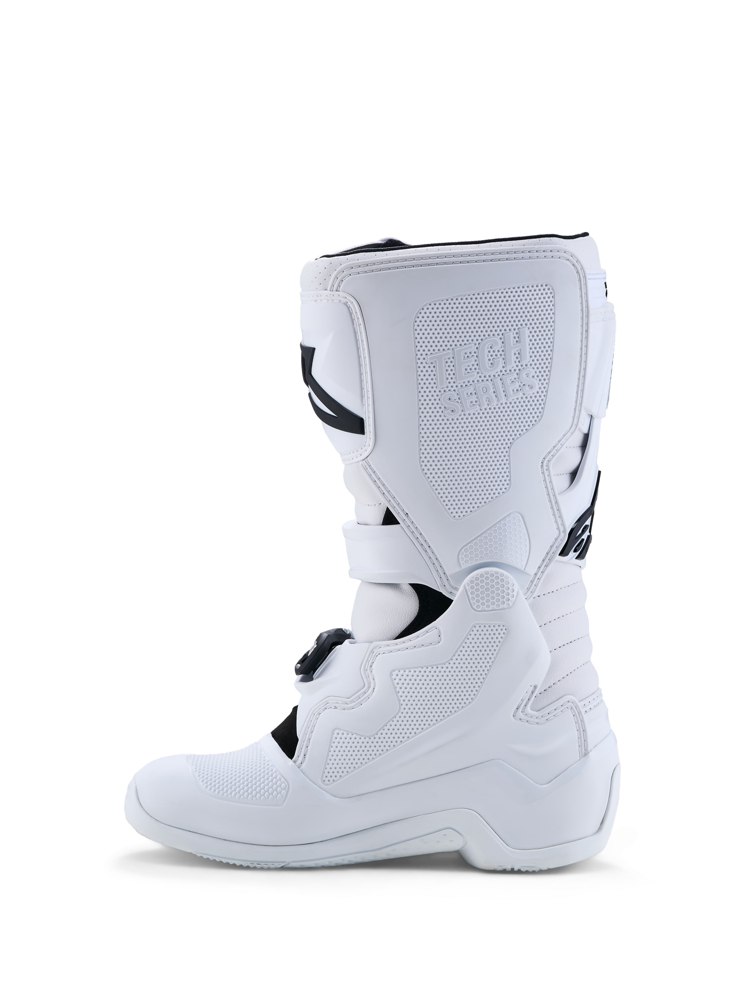 Alpinestars Ungdom Tech 7S stövlar, vita motocross-stövlar för terrängkörning, syntetiskt material med TPU-skenbensskydd och spännsystem, profilvy