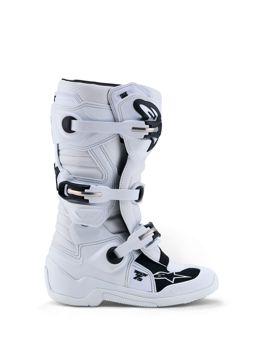 Alpinestars Ungdom Tech 7S stövlar, motocross-stövlar för barn, vita och svarta med robusta TPU-skydd.