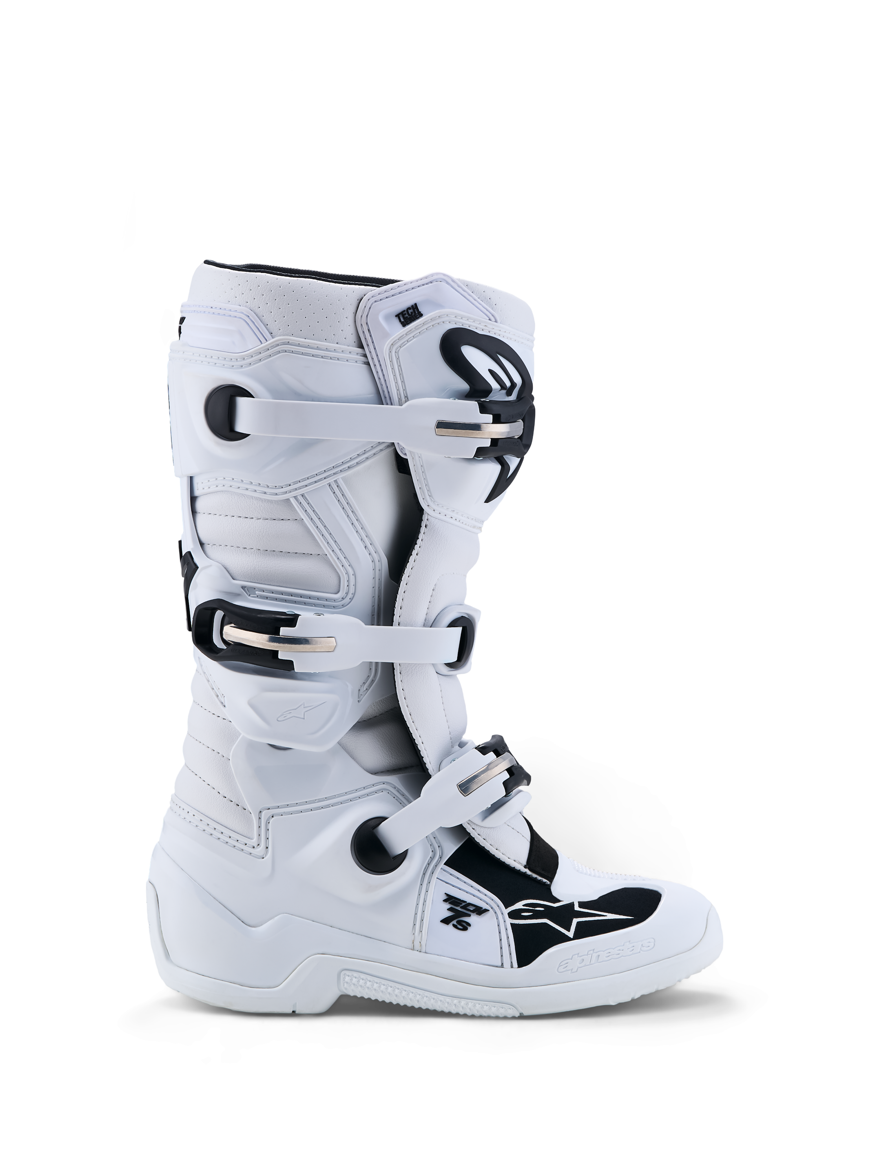 Alpinestars Ungdom Tech 7S stövlar, motocross-stövlar för barn, vita och svarta med robusta TPU-skydd.
