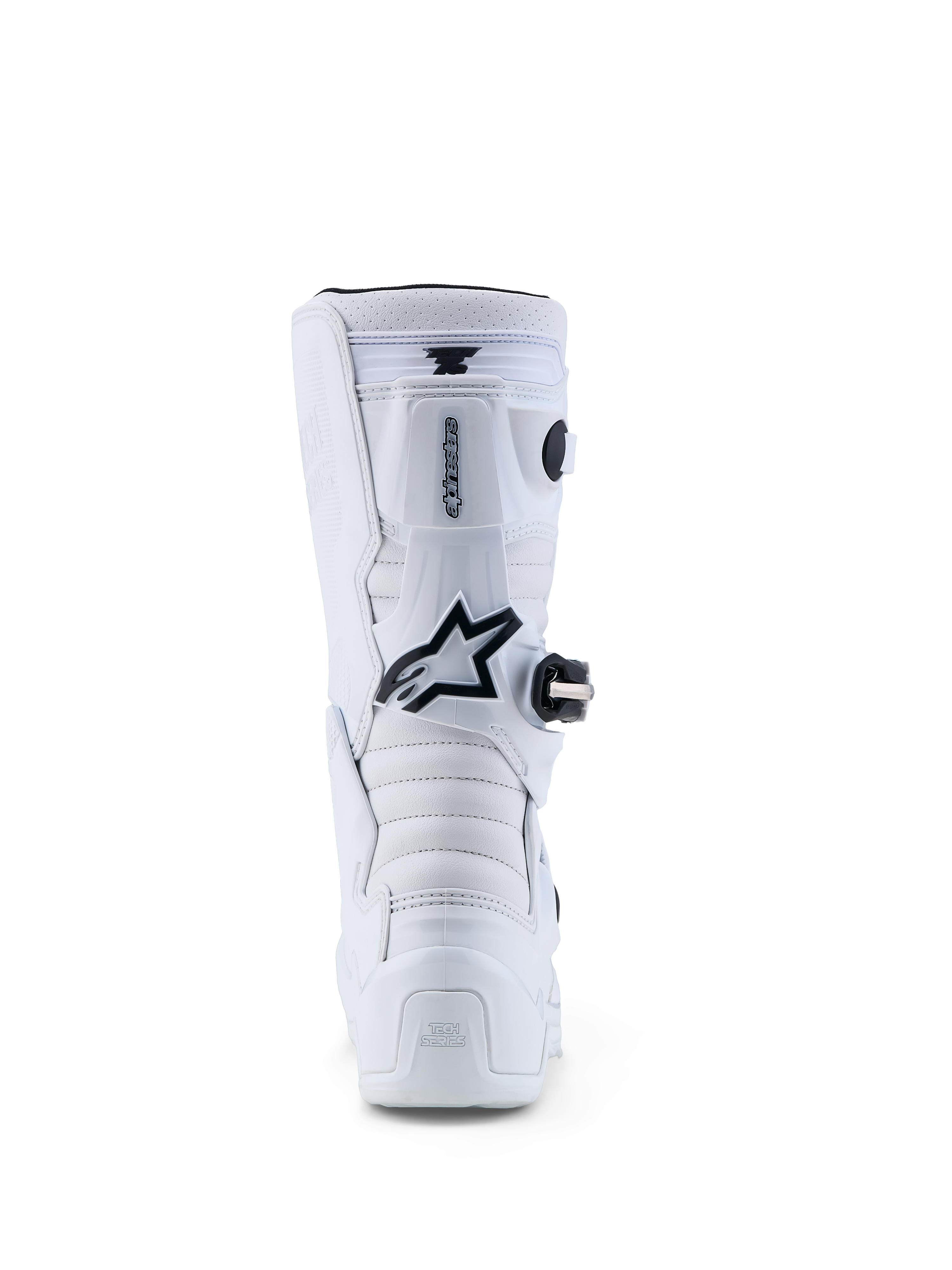 Alpinestars Ungdom Tech 7S stövlar, vita och svarta, vy bakifrån som visar TPU-skydd och pivot-rörlighet.