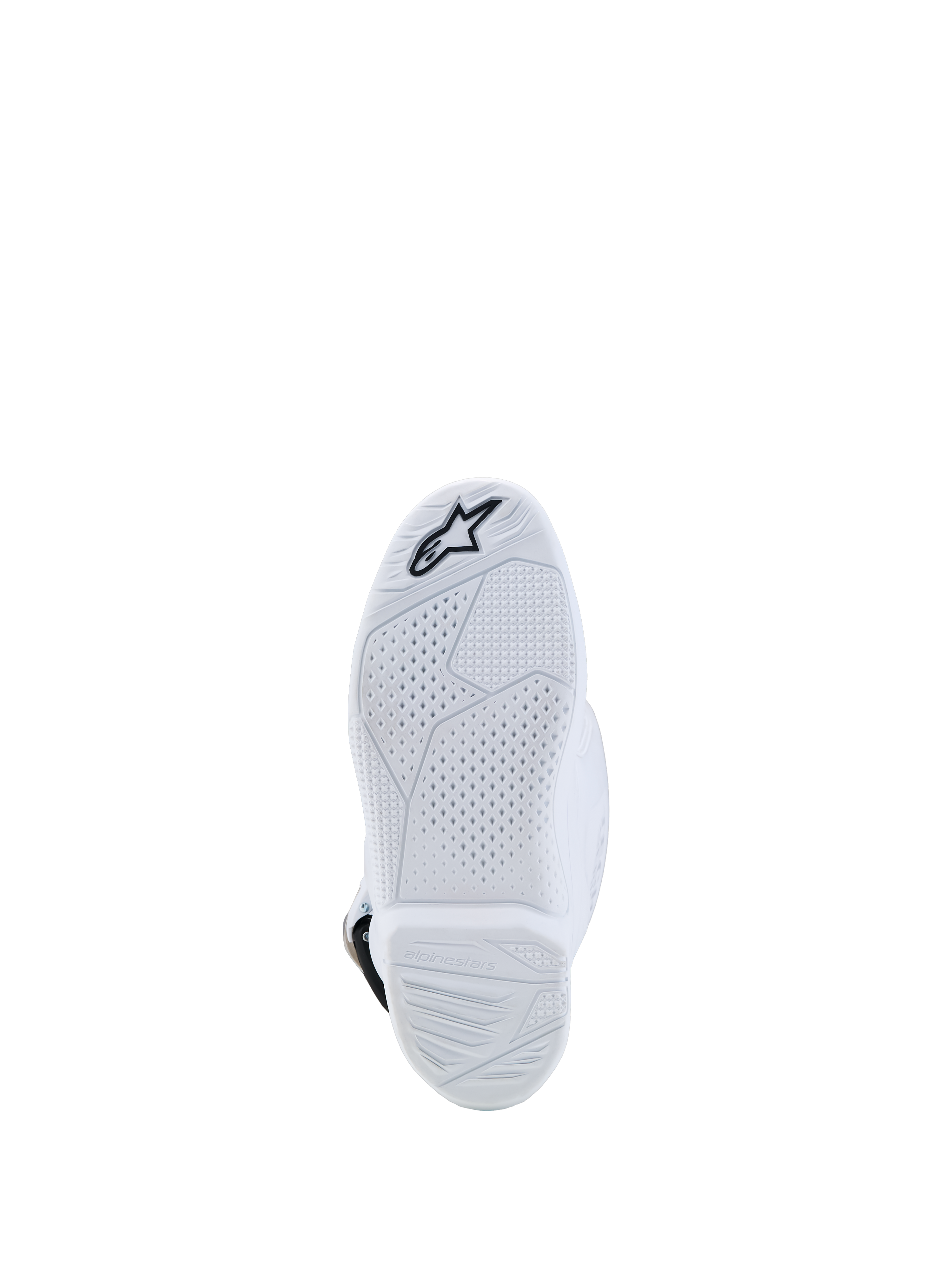 Alpinestars Ungdom Tech 7S stövlar, vit sula med strukturerat greppmönster och svart Astars-logotyp, motocross-stövlar för ungdom, slitstark design.