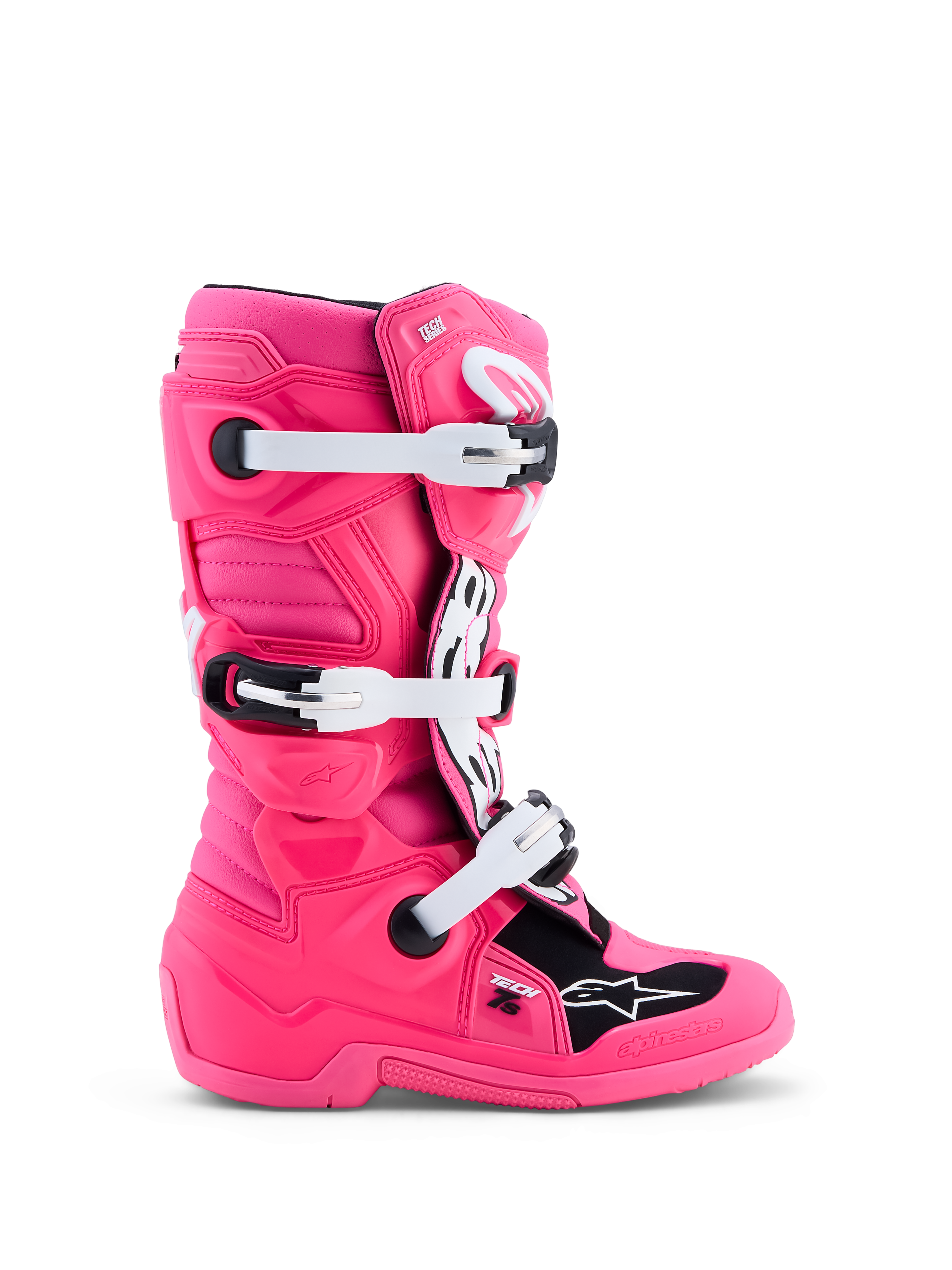 Alpinestars Youth Tech 7S Boots, pink and white youth motocross boots with synthetic TPU protection.