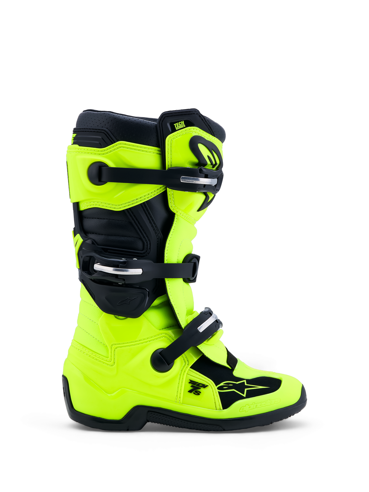 Alpinestars Youth Tech 7S Motocross Boots in Fluo Yellow and Black, featuring CE-certified TPU protection and buckle closures.